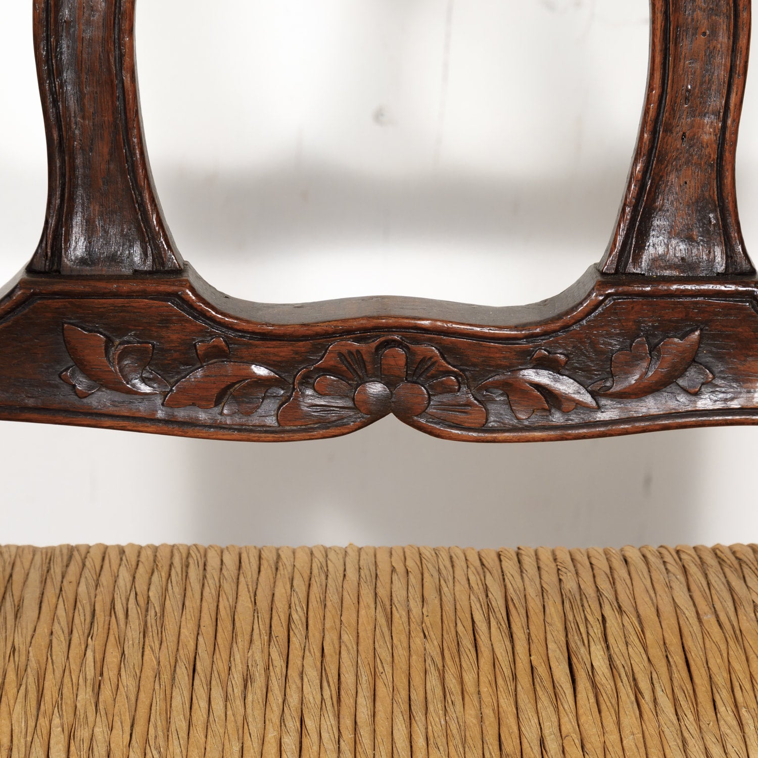 19th Century Country French Hand Carved Oak Rush Seat Armchair