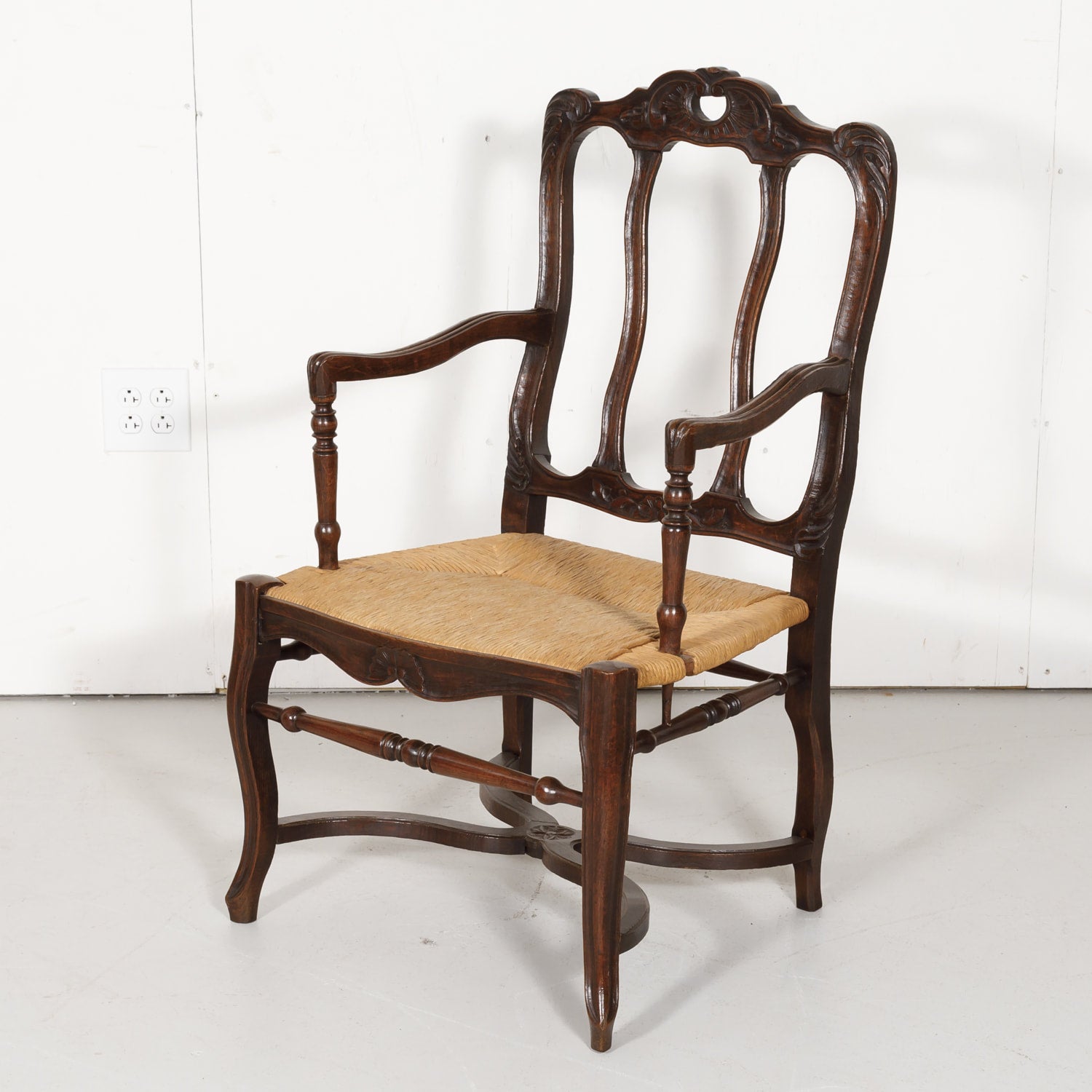 19th Century Country French Hand Carved Oak Rush Seat Armchair