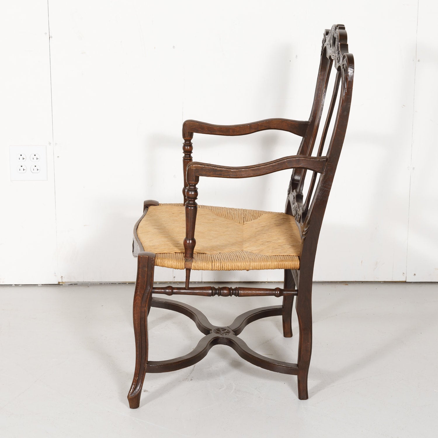 19th Century Country French Hand Carved Oak Rush Seat Armchair