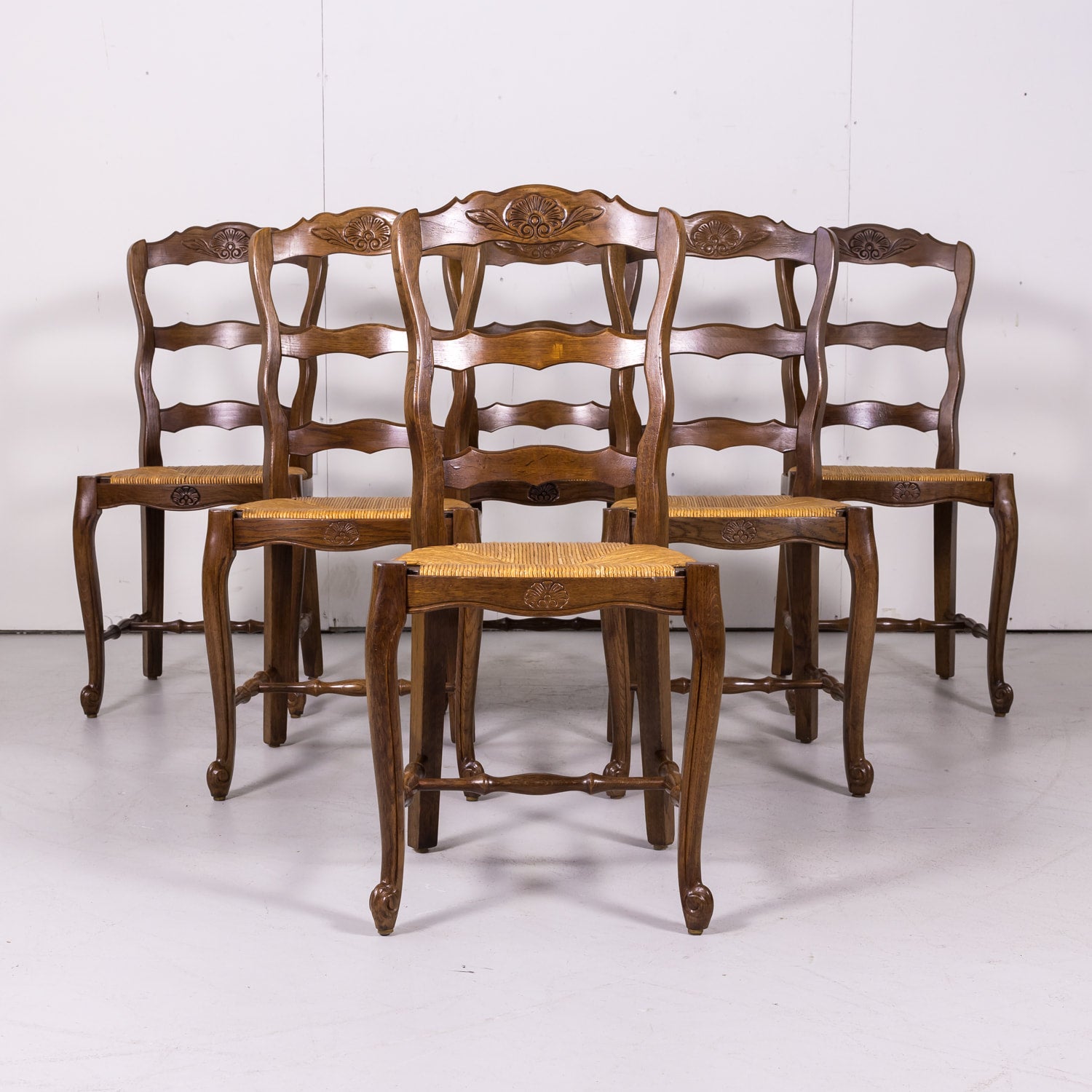 Antique Country French Louis XV Style Oak Ladder Back Dining Chairs with Rush Seat, Set of Six