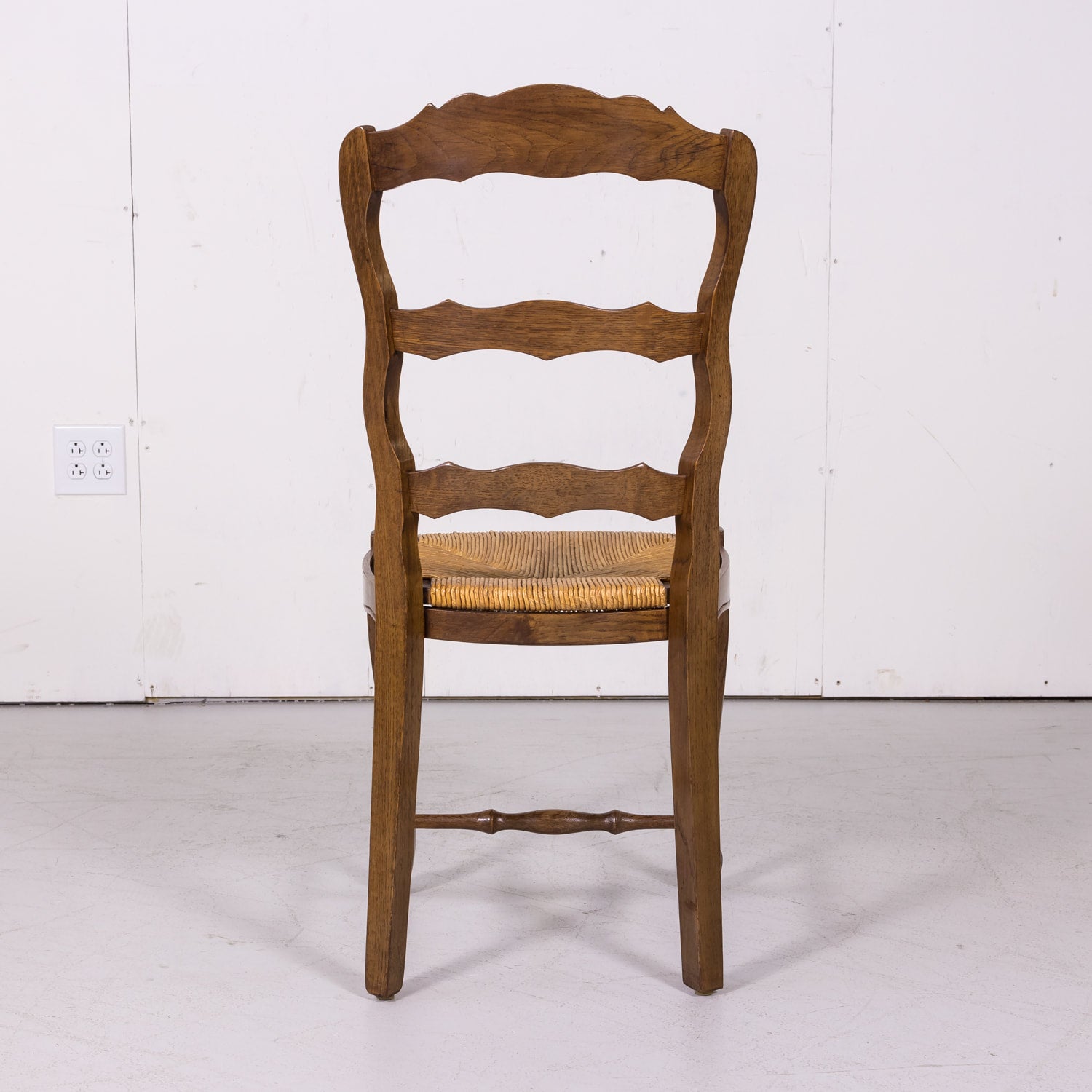 Antique Country French Louis XV Style Oak Ladder Back Dining Chairs with Rush Seat, Set of Six