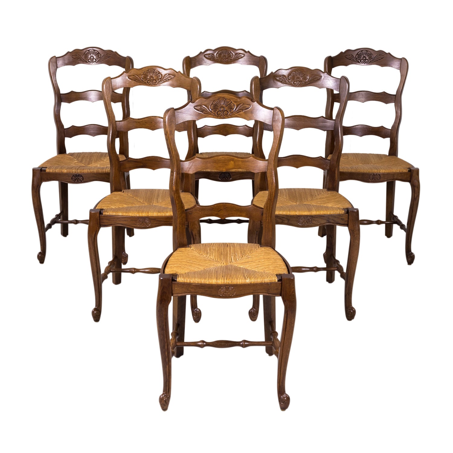 Antique Country French Louis XV Style Oak Ladder Back Dining Chairs with Rush Seat, Set of Six