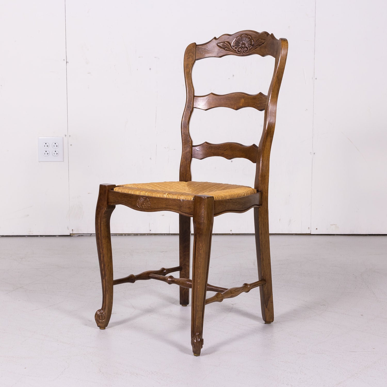 Antique Country French Louis XV Style Oak Ladder Back Dining Chairs with Rush Seat, Set of Six