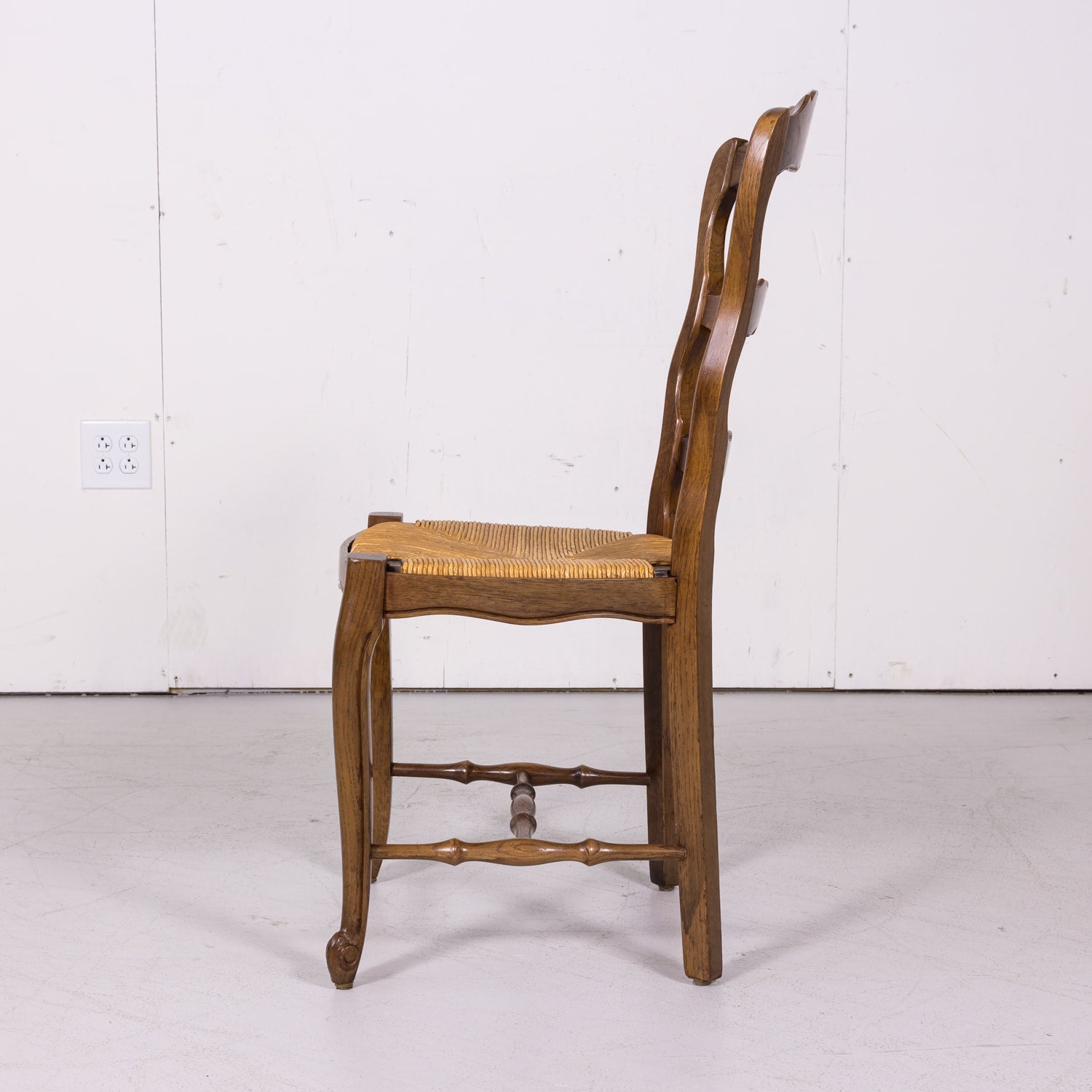 Antique Country French Louis XV Style Oak Ladder Back Dining Chairs with Rush Seat, Set of Six