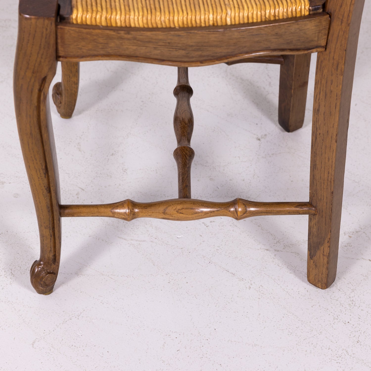 Antique Country French Louis XV Style Oak Ladder Back Dining Chairs with Rush Seat, Set of Six