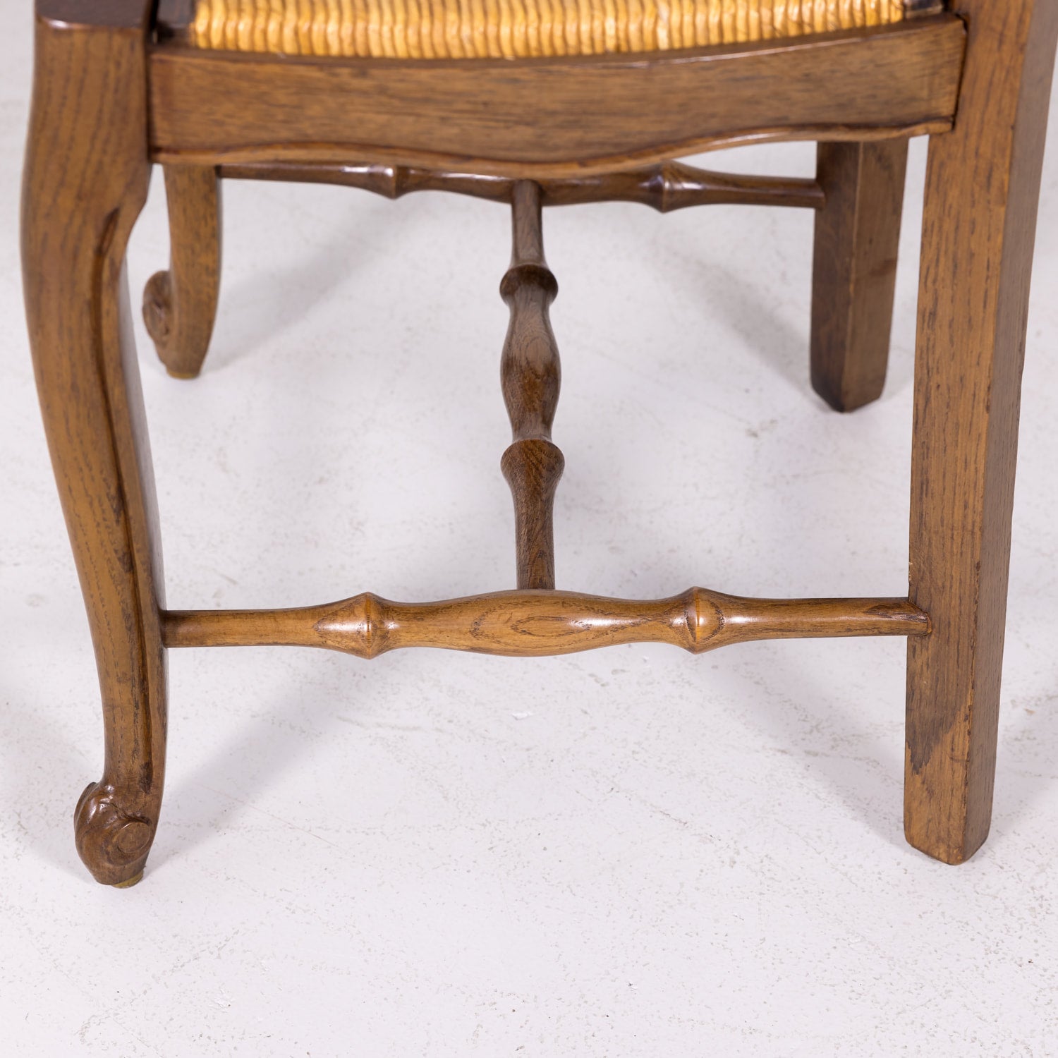 Antique Country French Louis XV Style Oak Ladder Back Dining Chairs with Rush Seat, Set of Six