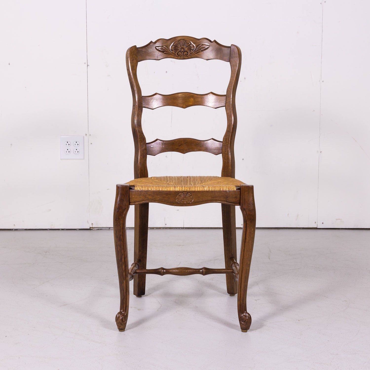 Antique Country French Louis XV Style Oak Ladder Back Dining Chairs with Rush Seat, Set of Six