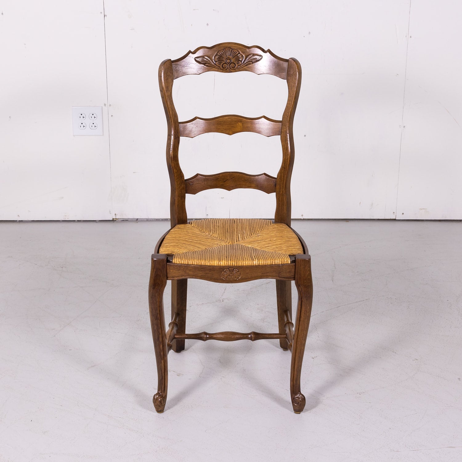 Antique Country French Louis XV Style Oak Ladder Back Dining Chairs with Rush Seat, Set of Six