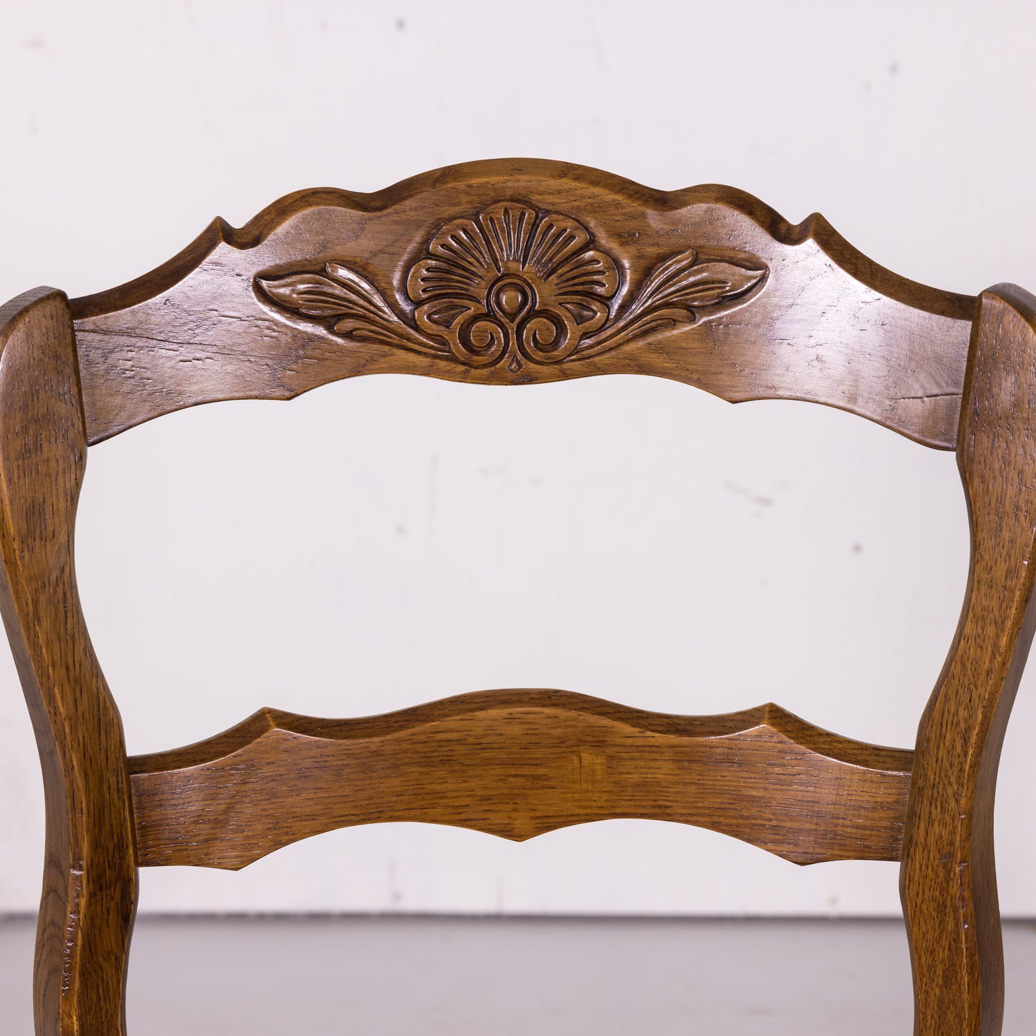 Antique Country French Louis XV Style Oak Ladder Back Dining Chairs with Rush Seat, Set of Six