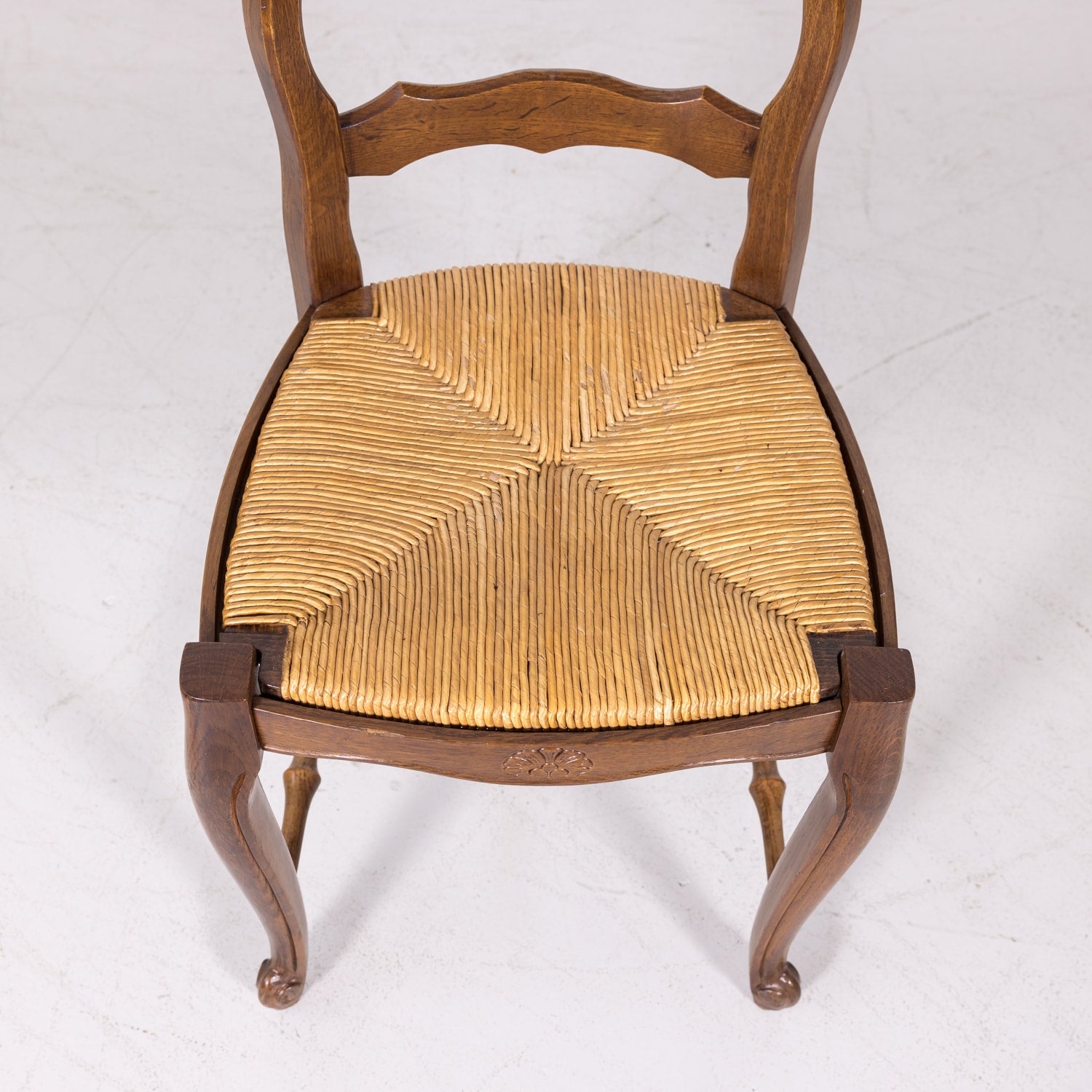 Antique Country French Louis XV Style Oak Ladder Back Dining Chairs with Rush Seat, Set of Six