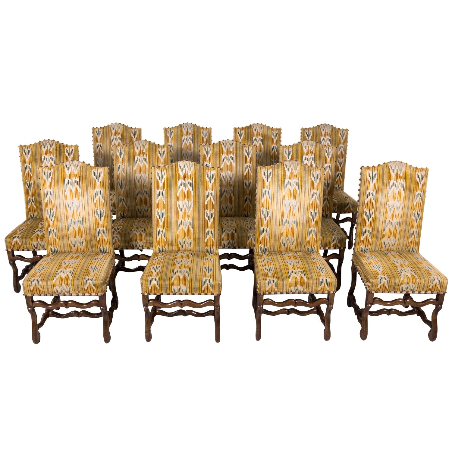 Set of 12 Antique French Louis XIII Style Os de Mouton Walnut Side Chairs