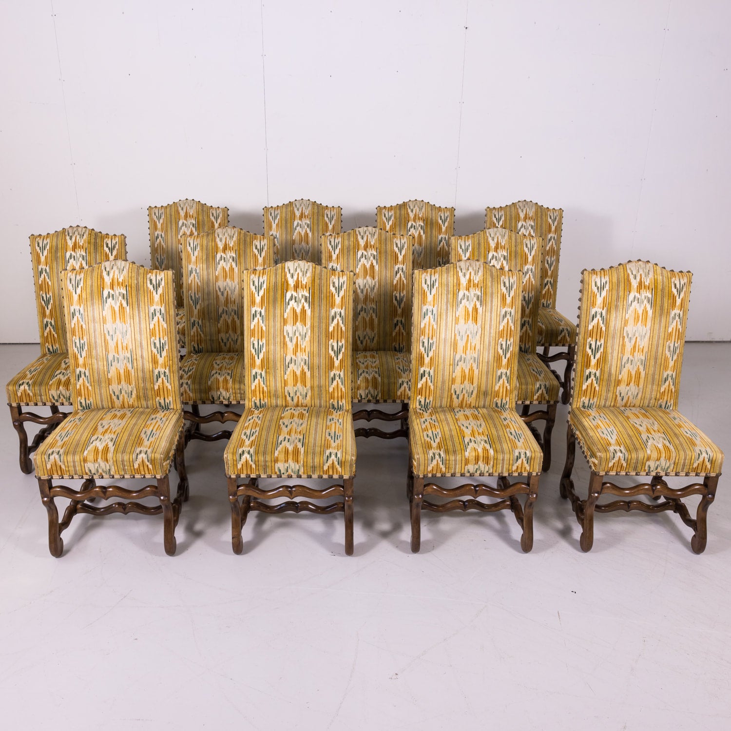 Set of 12 Antique French Louis XIII Style Os de Mouton Walnut Side Chairs