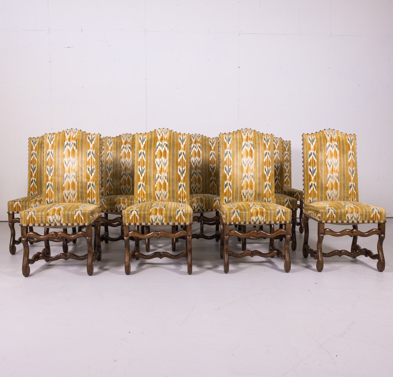 Set of 12 Antique French Louis XIII Style Os de Mouton Walnut Side Chairs