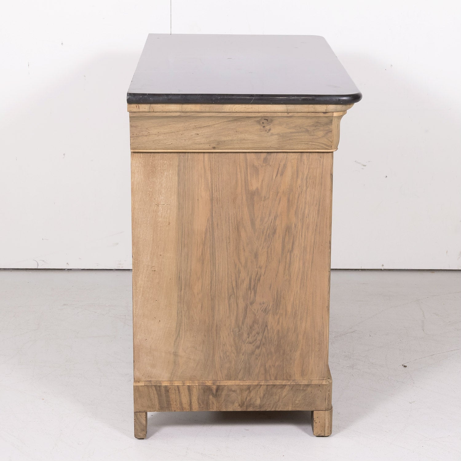 19th Century French Louis Philippe Style Bleached Bookmatched Burled Walnut Commode with Marble Top