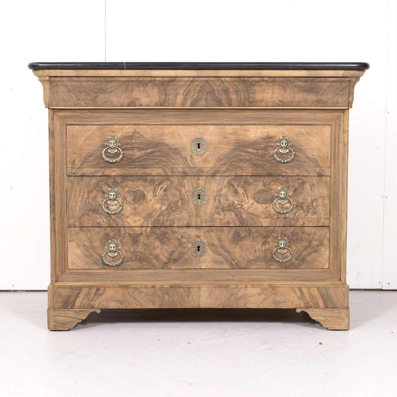 19th Century French Louis Philippe Style Bleached Bookmatched Burled Walnut Commode with Marble Top