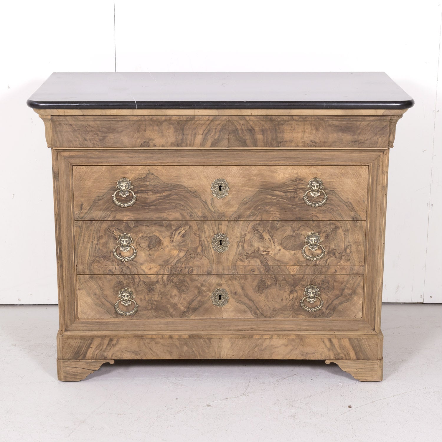 19th Century French Louis Philippe Style Bleached Bookmatched Burled Walnut Commode with Marble Top