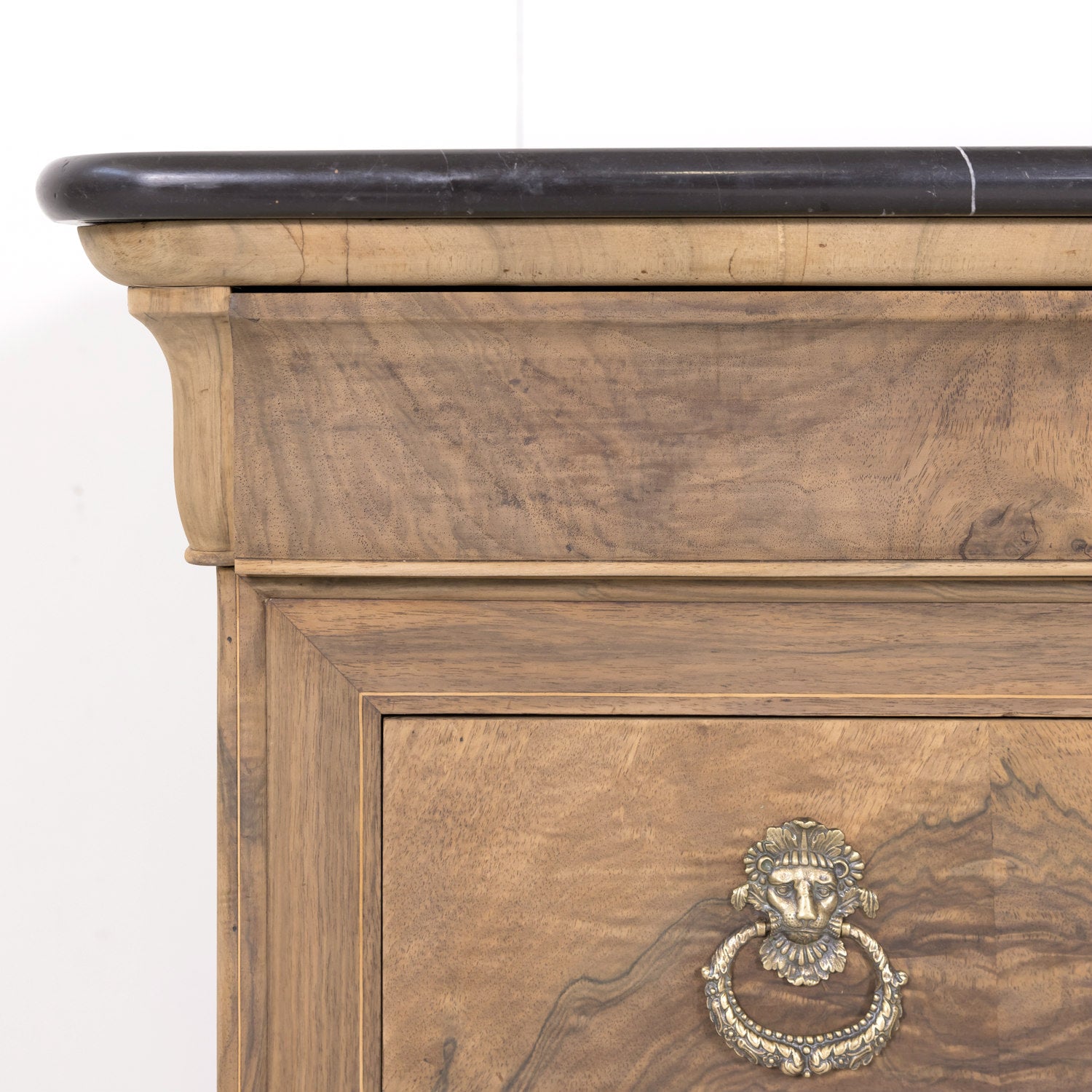 19th Century French Louis Philippe Style Bleached Bookmatched Burled Walnut Commode with Marble Top