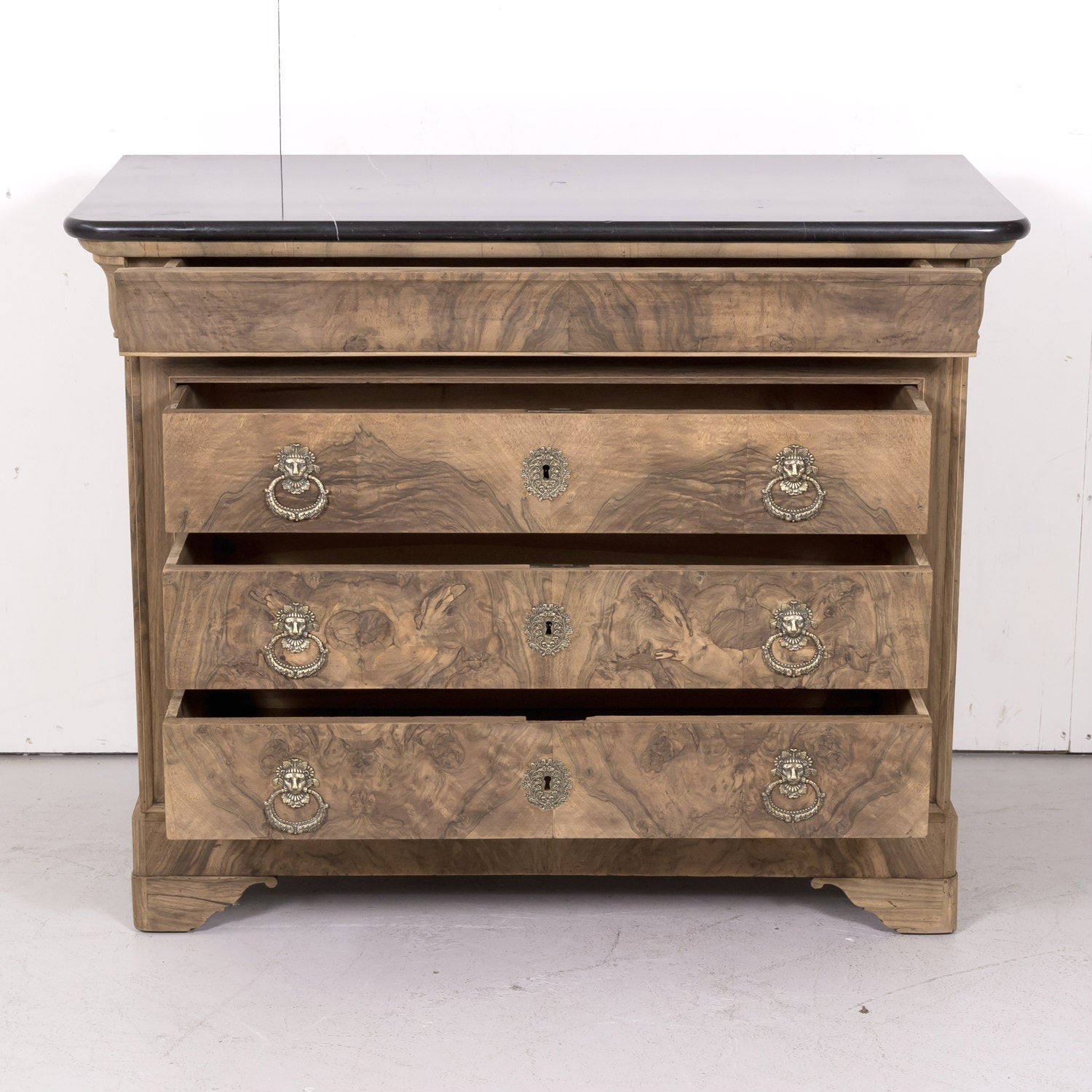 19th Century French Louis Philippe Style Bleached Bookmatched Burled Walnut Commode with Marble Top