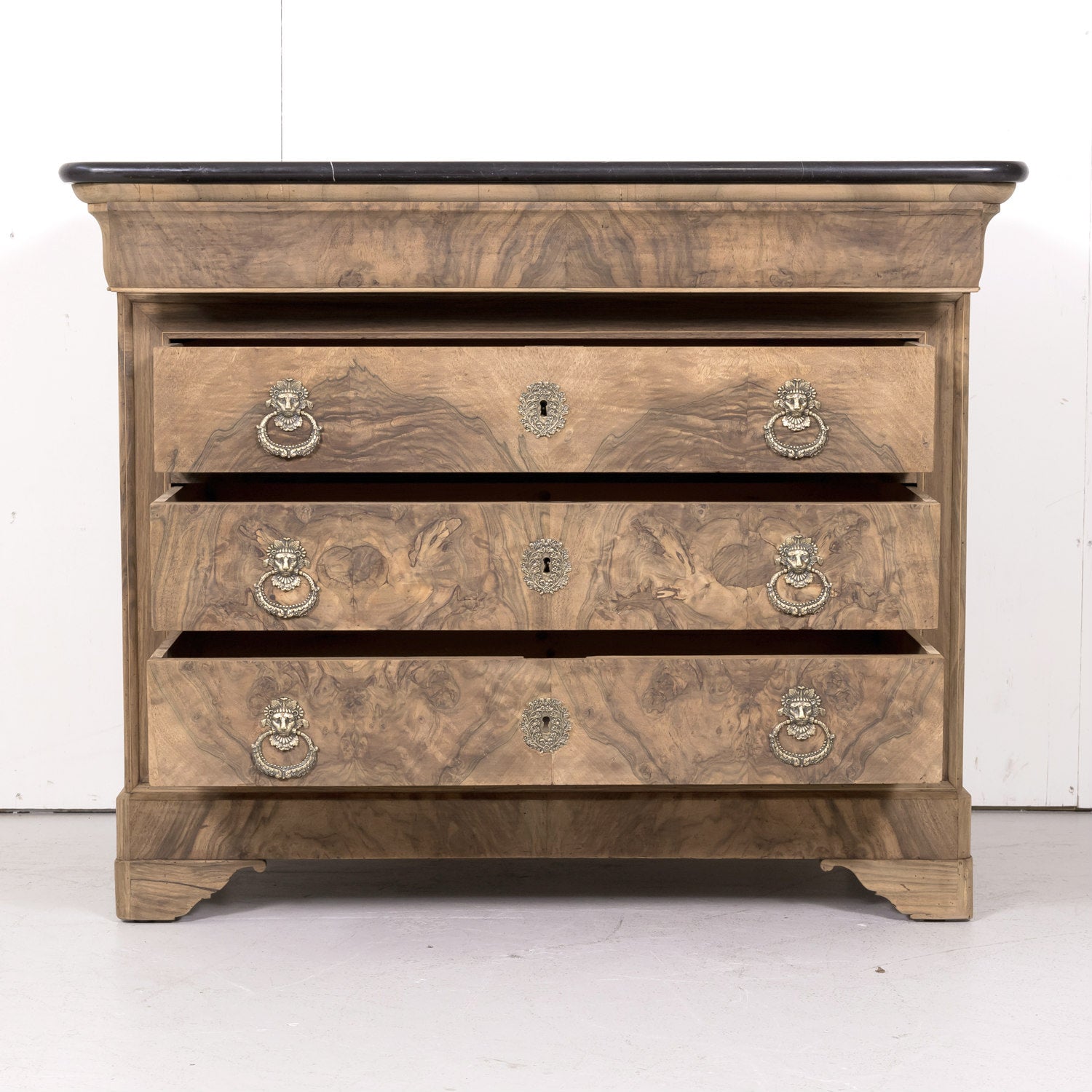 19th Century French Louis Philippe Style Bleached Bookmatched Burled Walnut Commode with Marble Top