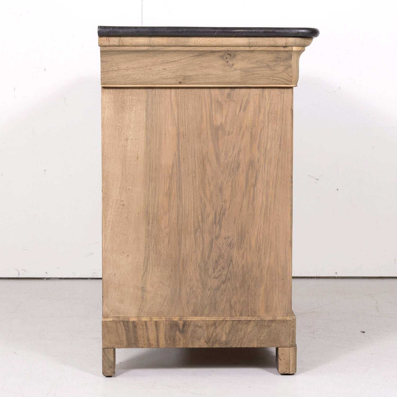 19th Century French Louis Philippe Style Bleached Bookmatched Burled Walnut Commode with Marble Top