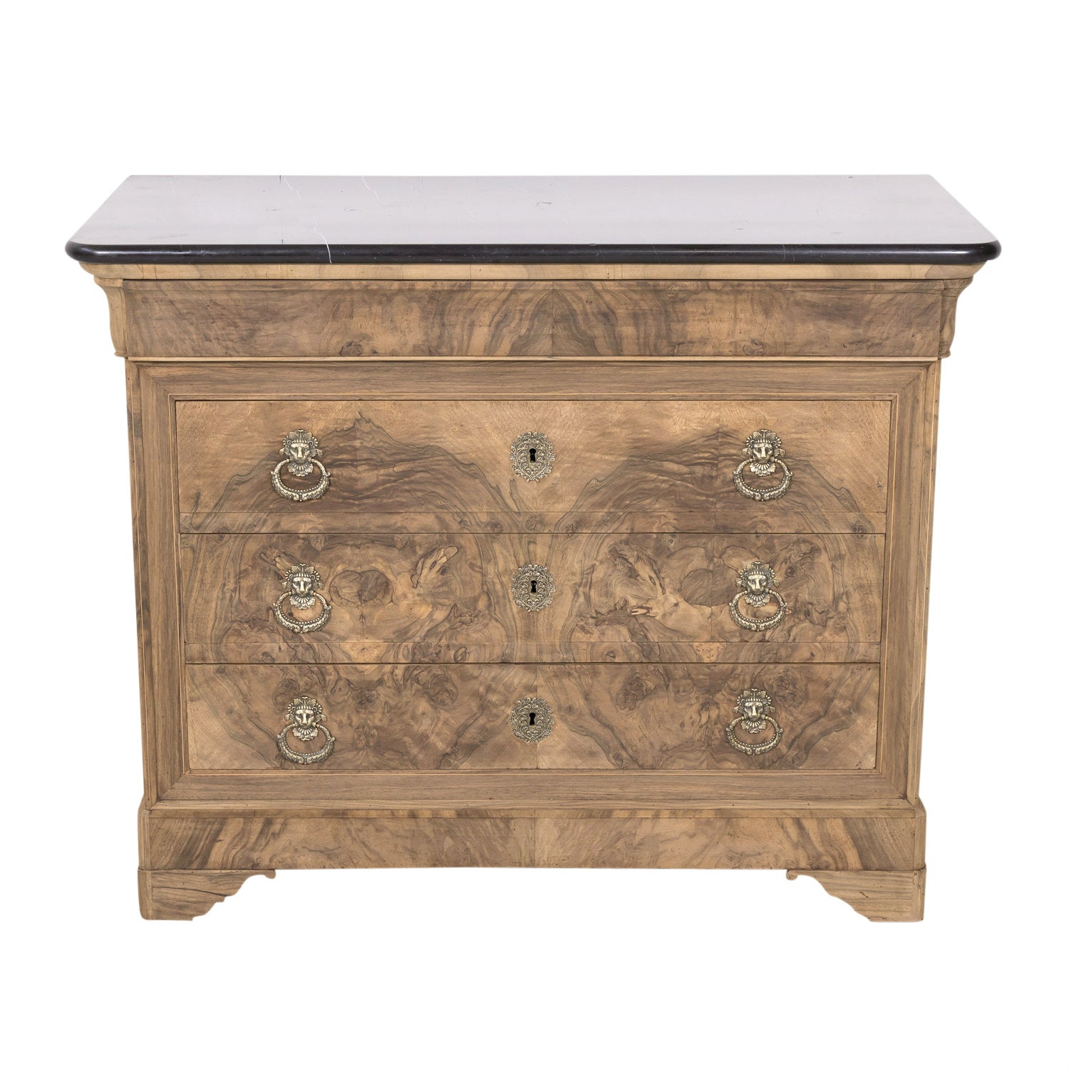 19th Century French Louis Philippe Style Bleached Bookmatched Burled Walnut Commode with Marble Top