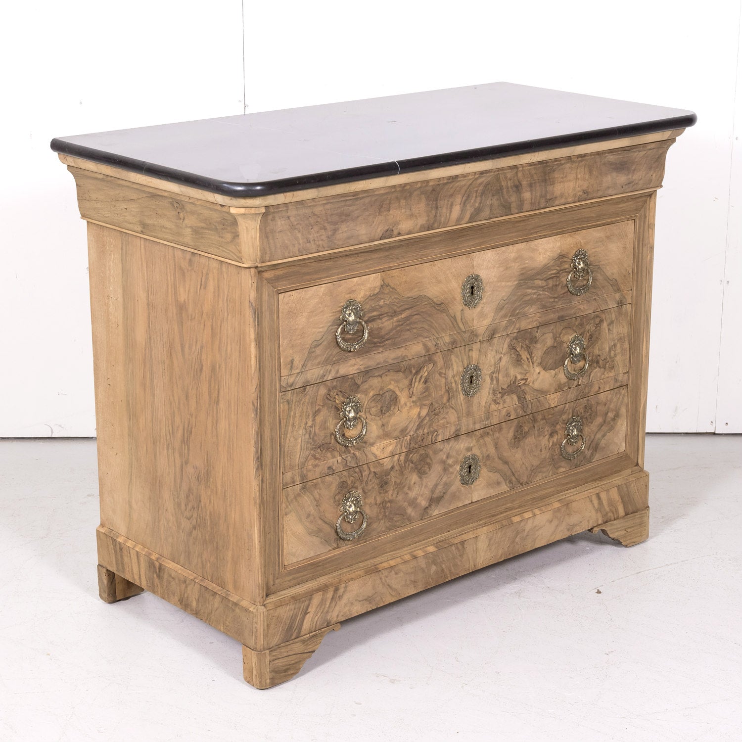 19th Century French Louis Philippe Style Bleached Bookmatched Burled Walnut Commode with Marble Top