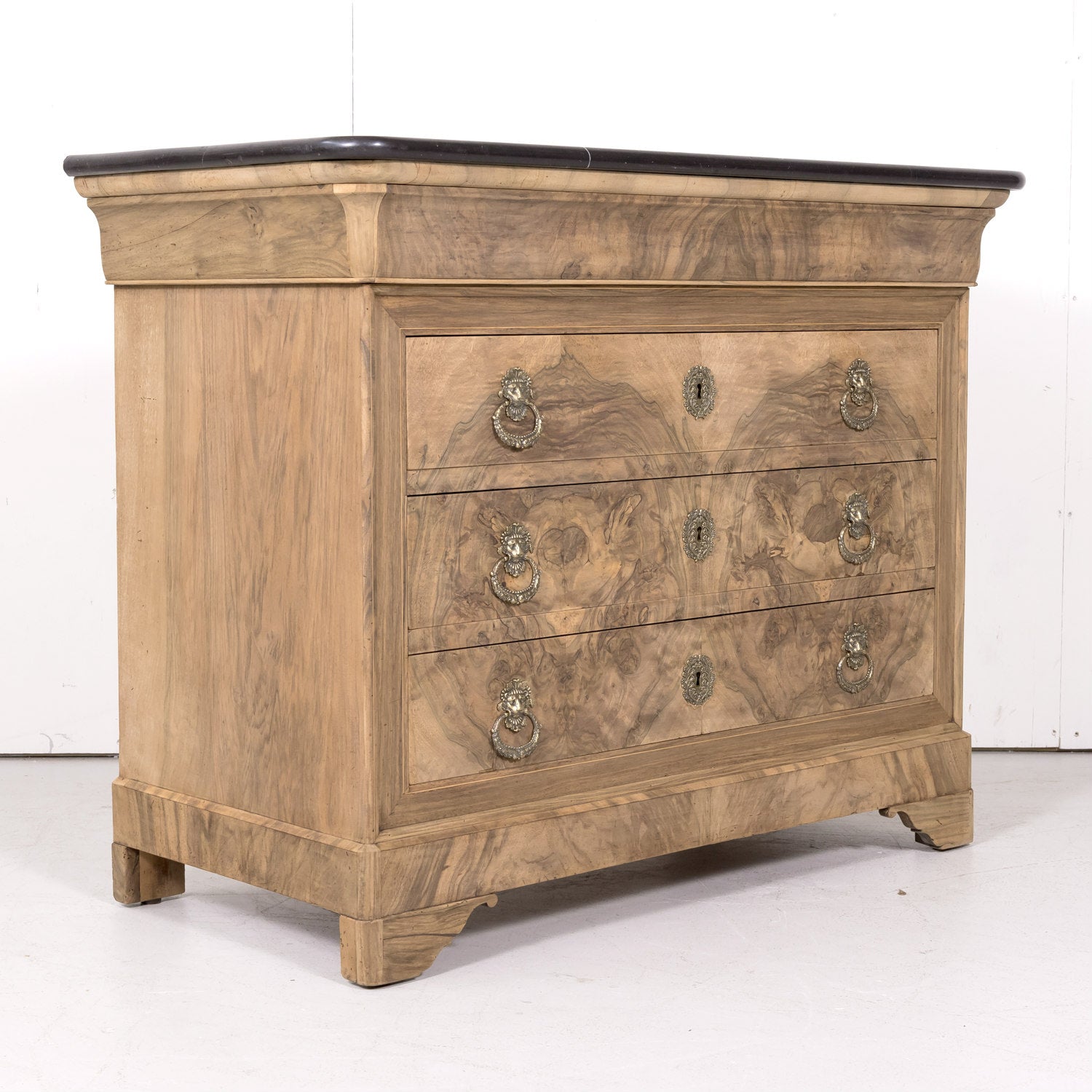 19th Century French Louis Philippe Style Bleached Bookmatched Burled Walnut Commode with Marble Top