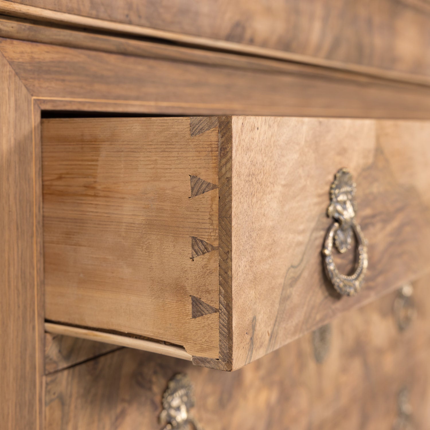 19th Century French Louis Philippe Style Bleached Bookmatched Burled Walnut Commode with Marble Top