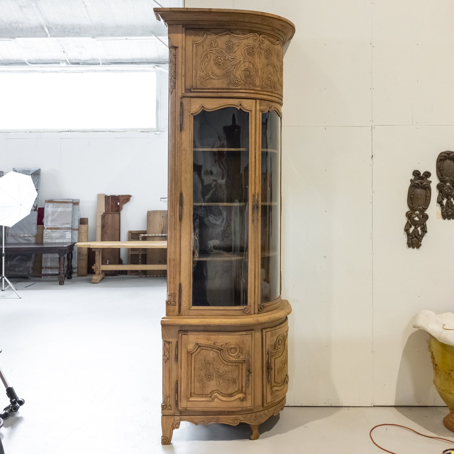 Monumental Pair of 19th Century Louis XV Style Bleached Oak Glass Door Chateau Encoignures or Corner Cabinets