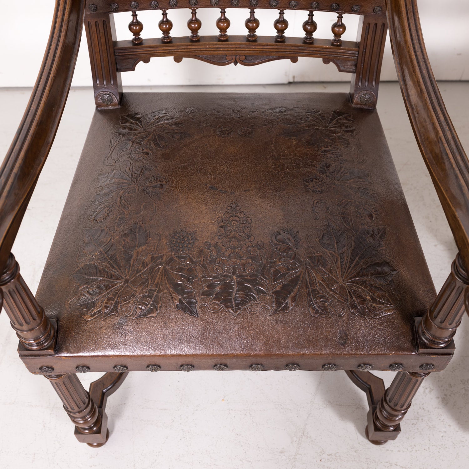 Pair of 19th Century French HenriI II Style Walnut and Tooled Leather Armchairs
