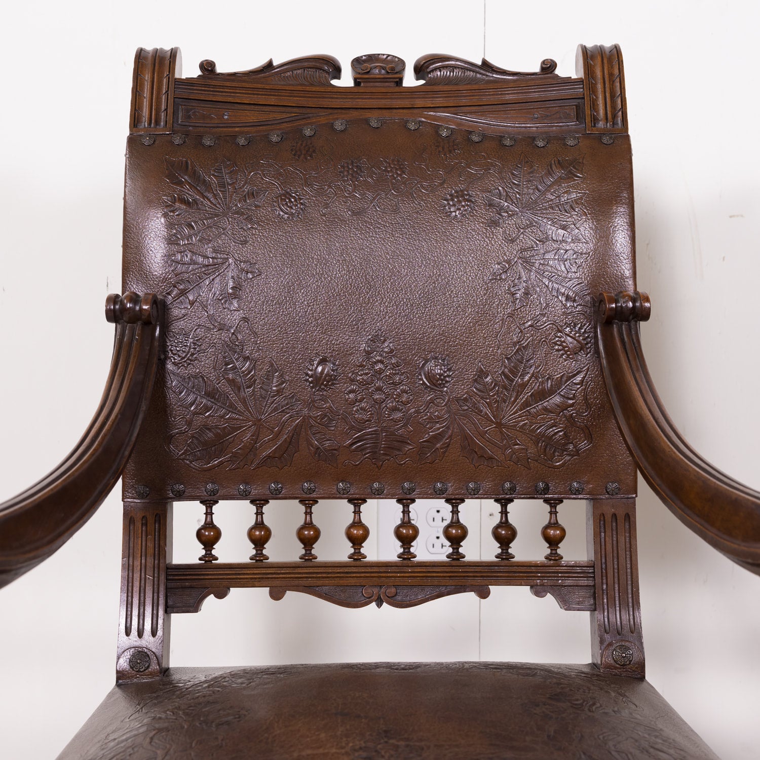 Pair of 19th Century French HenriI II Style Walnut and Tooled Leather Armchairs