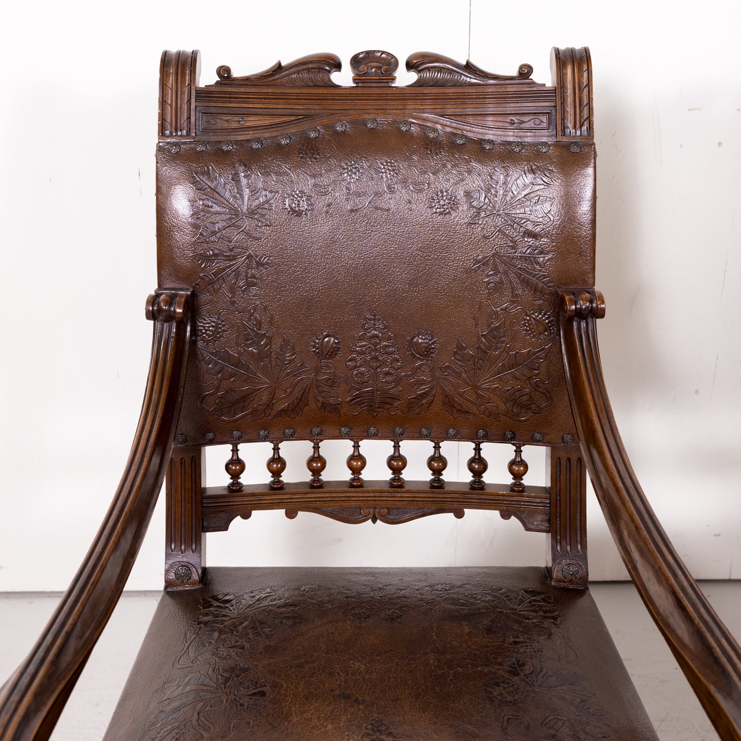 Pair of 19th Century French HenriI II Style Walnut and Tooled Leather Armchairs