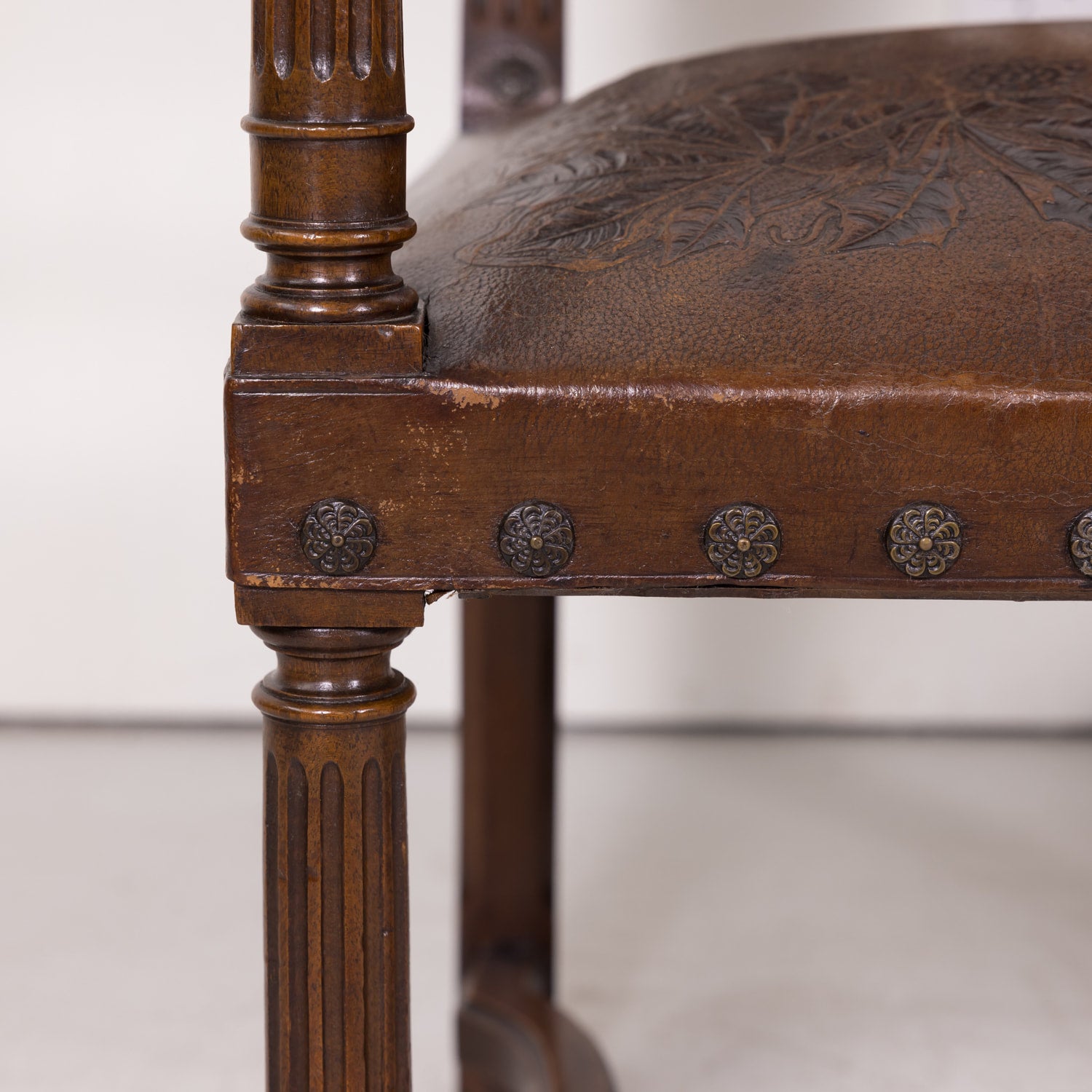 Pair of 19th Century French HenriI II Style Walnut and Tooled Leather Armchairs