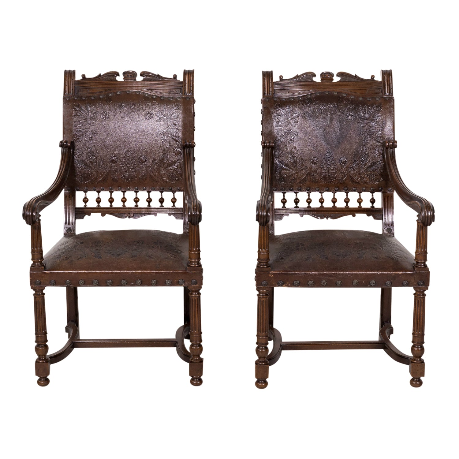 Pair of 19th Century French HenriI II Style Walnut and Tooled Leather Armchairs