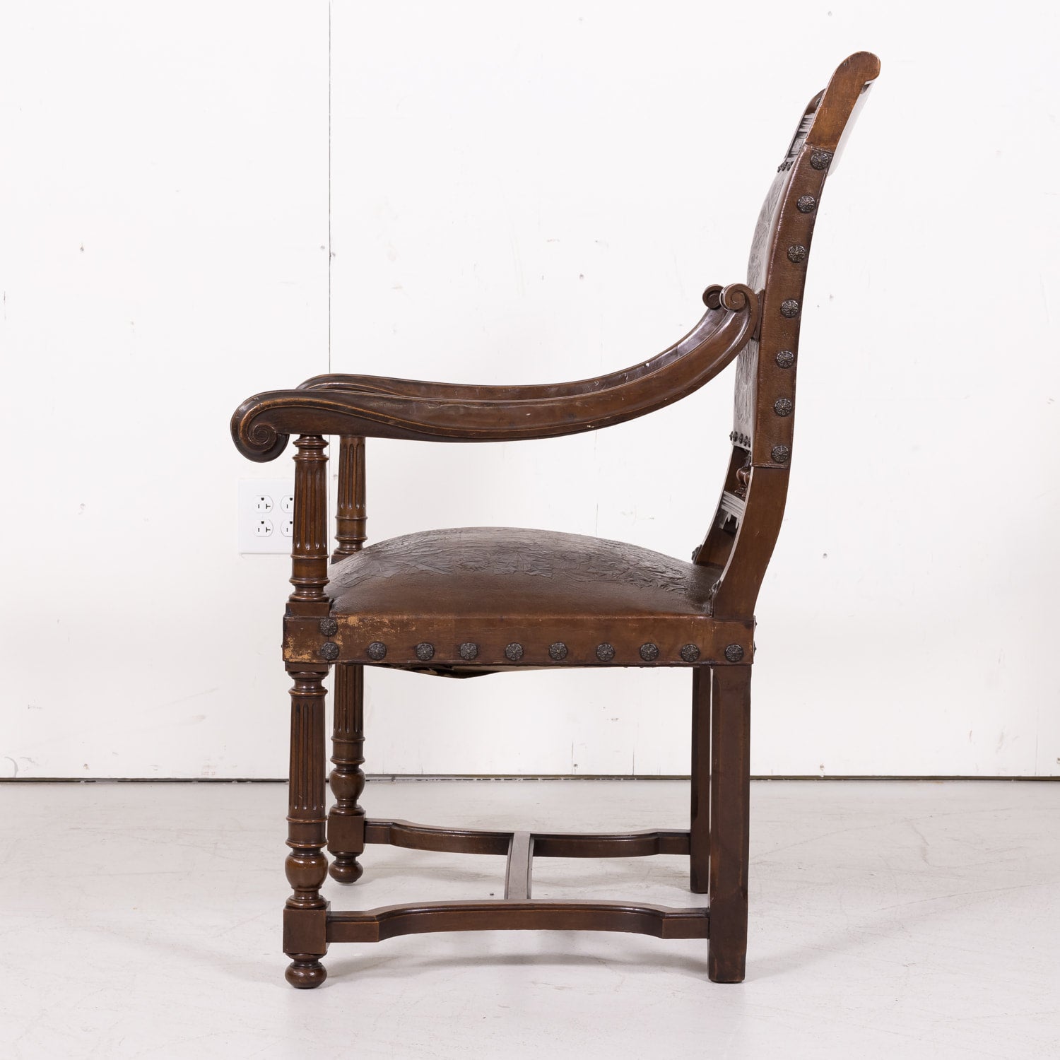 Pair of 19th Century French HenriI II Style Walnut and Tooled Leather Armchairs