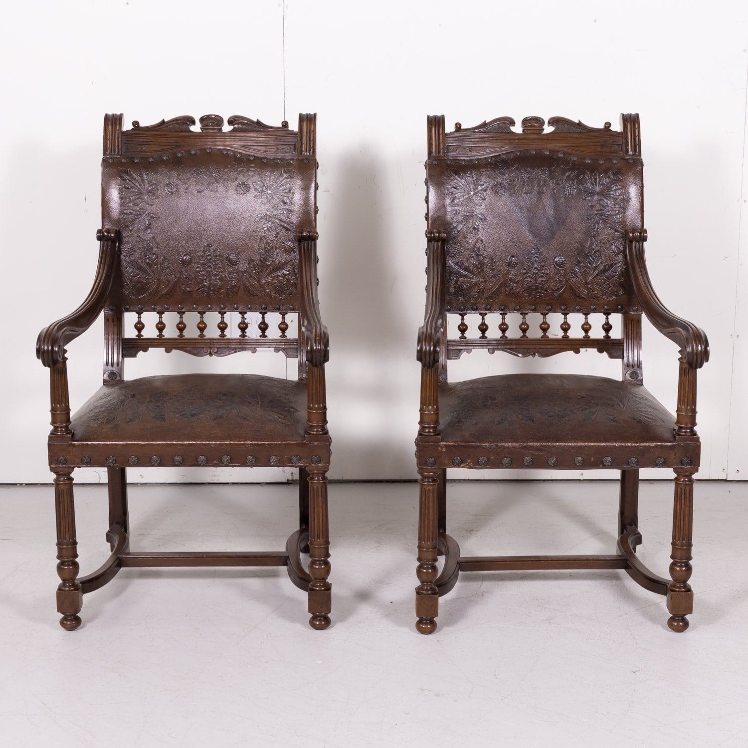 Pair of 19th Century French HenriI II Style Walnut and Tooled Leather Armchairs
