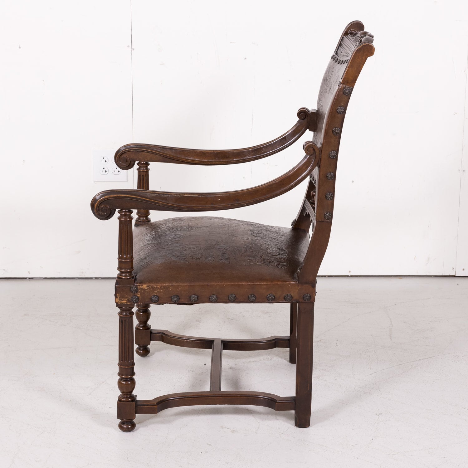 Pair of 19th Century French HenriI II Style Walnut and Tooled Leather Armchairs