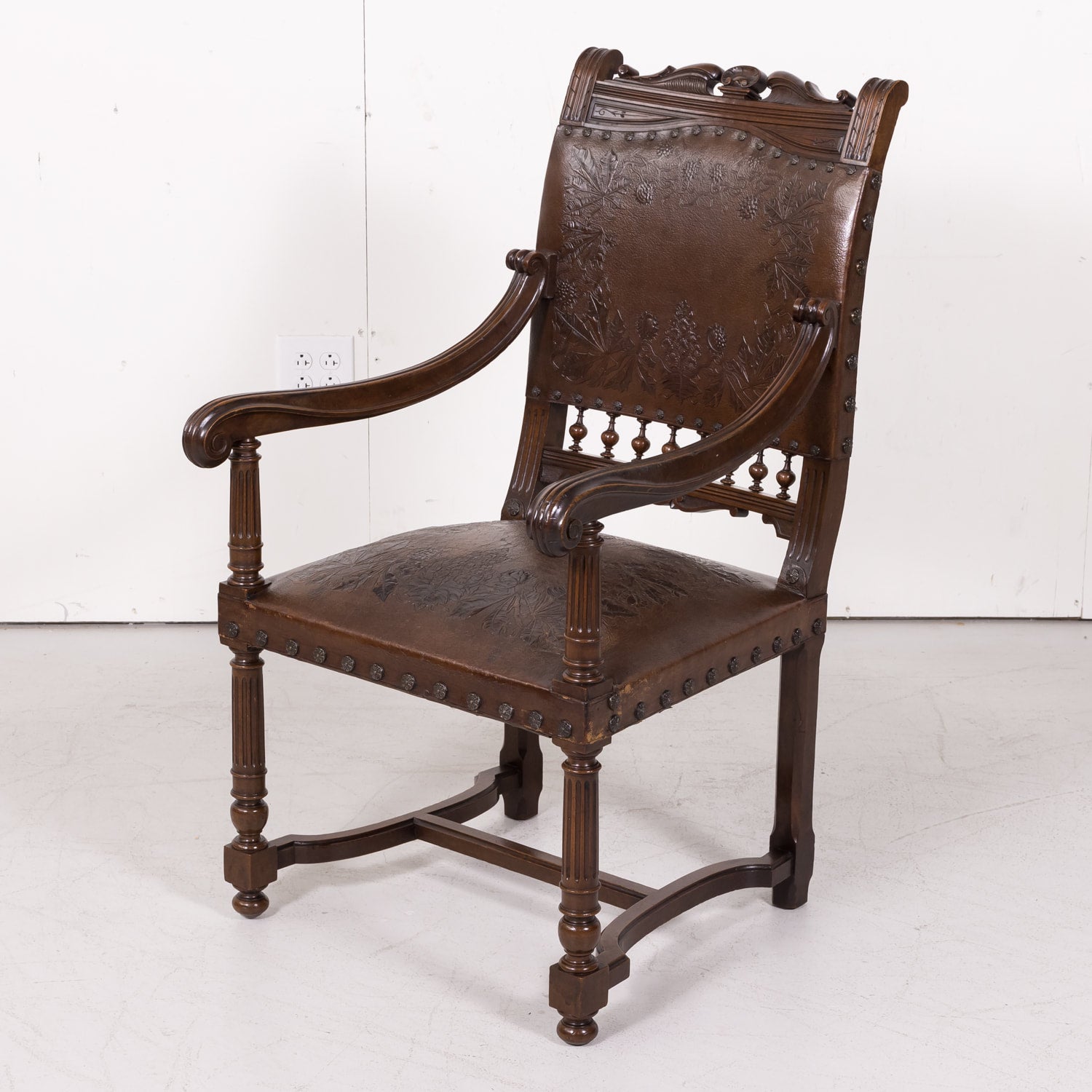 Pair of 19th Century French HenriI II Style Walnut and Tooled Leather Armchairs