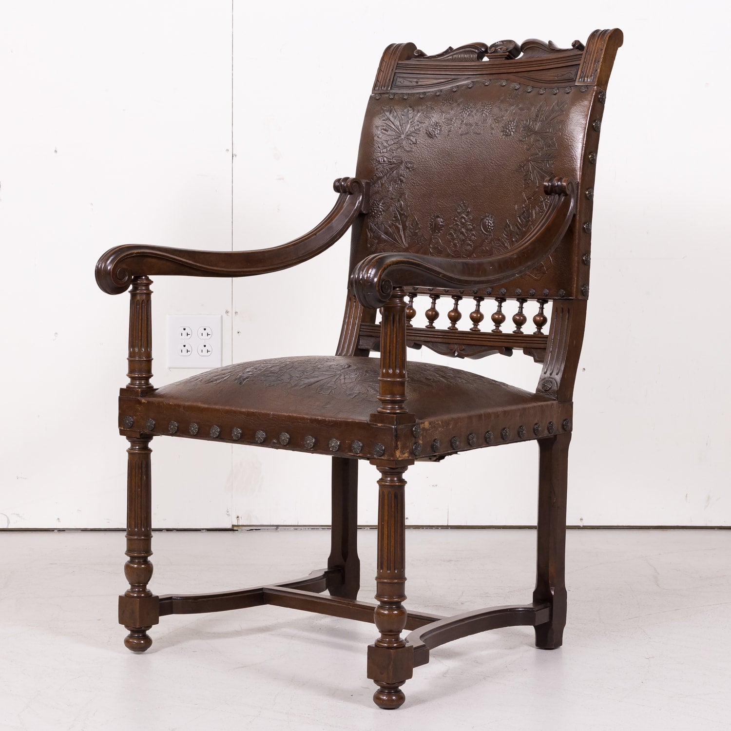 Pair of 19th Century French HenriI II Style Walnut and Tooled Leather Armchairs