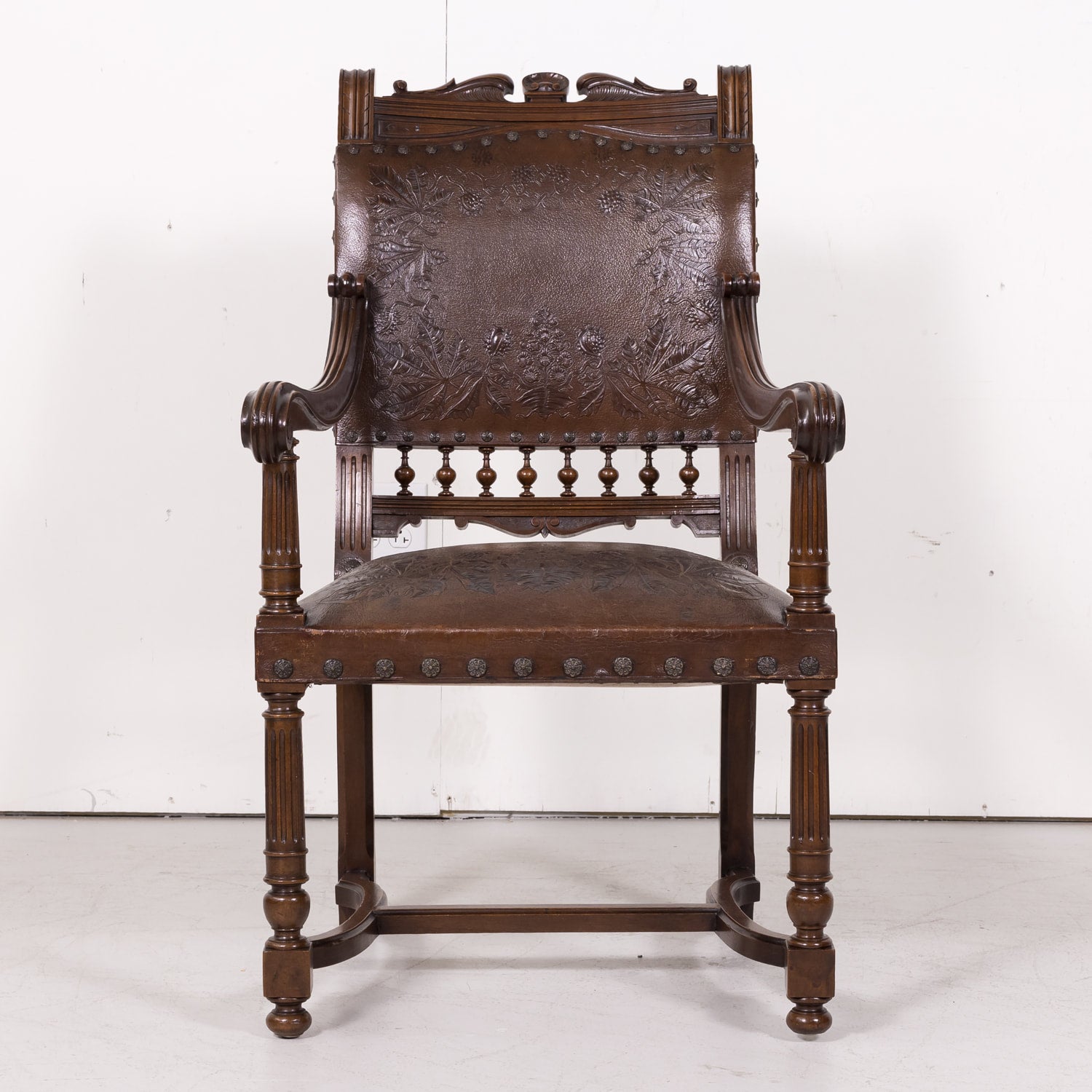 Pair of 19th Century French HenriI II Style Walnut and Tooled Leather Armchairs