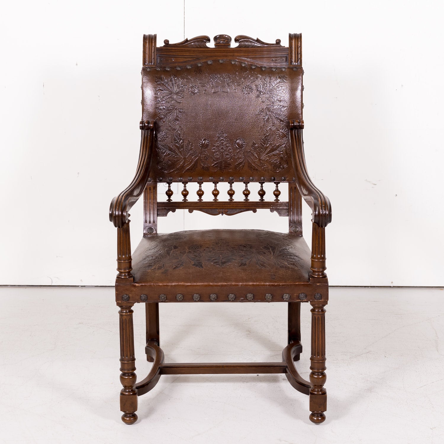 Pair of 19th Century French HenriI II Style Walnut and Tooled Leather Armchairs