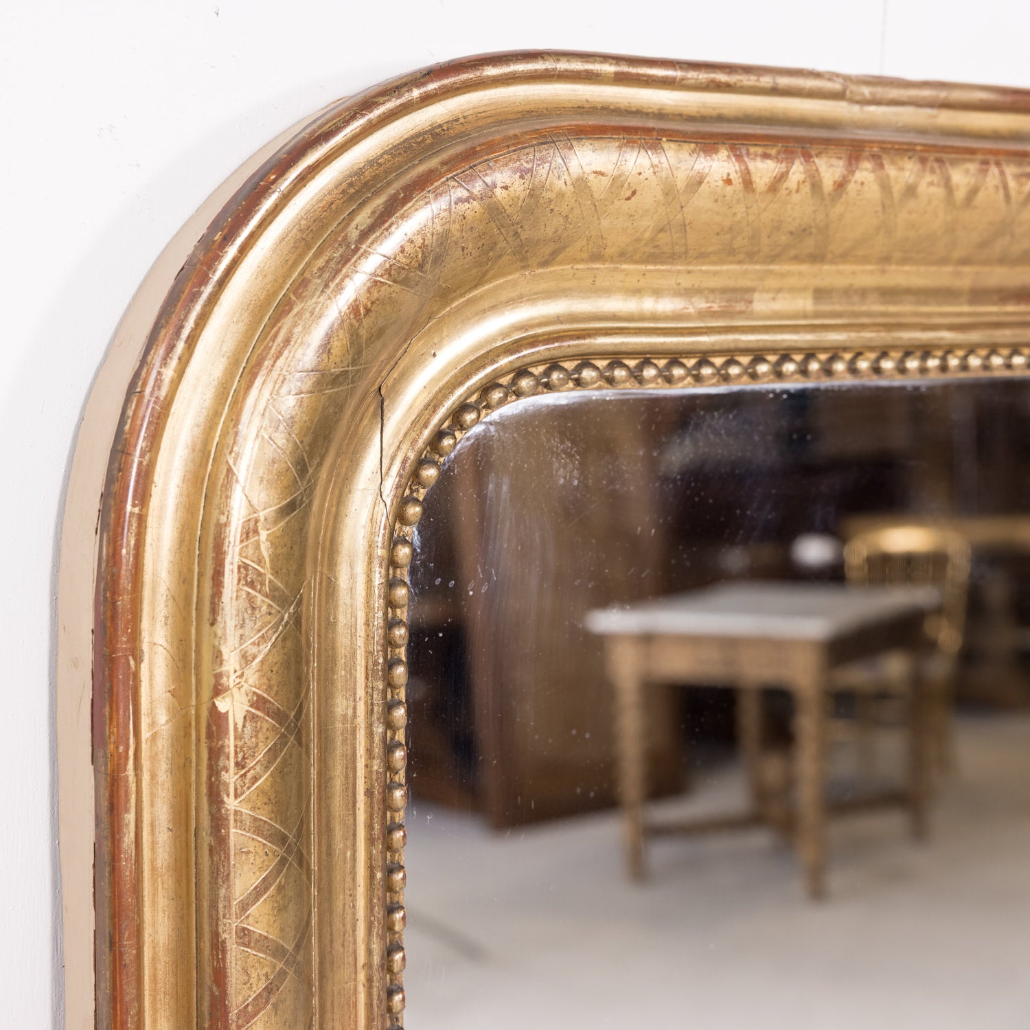 Large 19th Century Louis Philippe Period Giltwood Mirror with Cross Hatch Etching