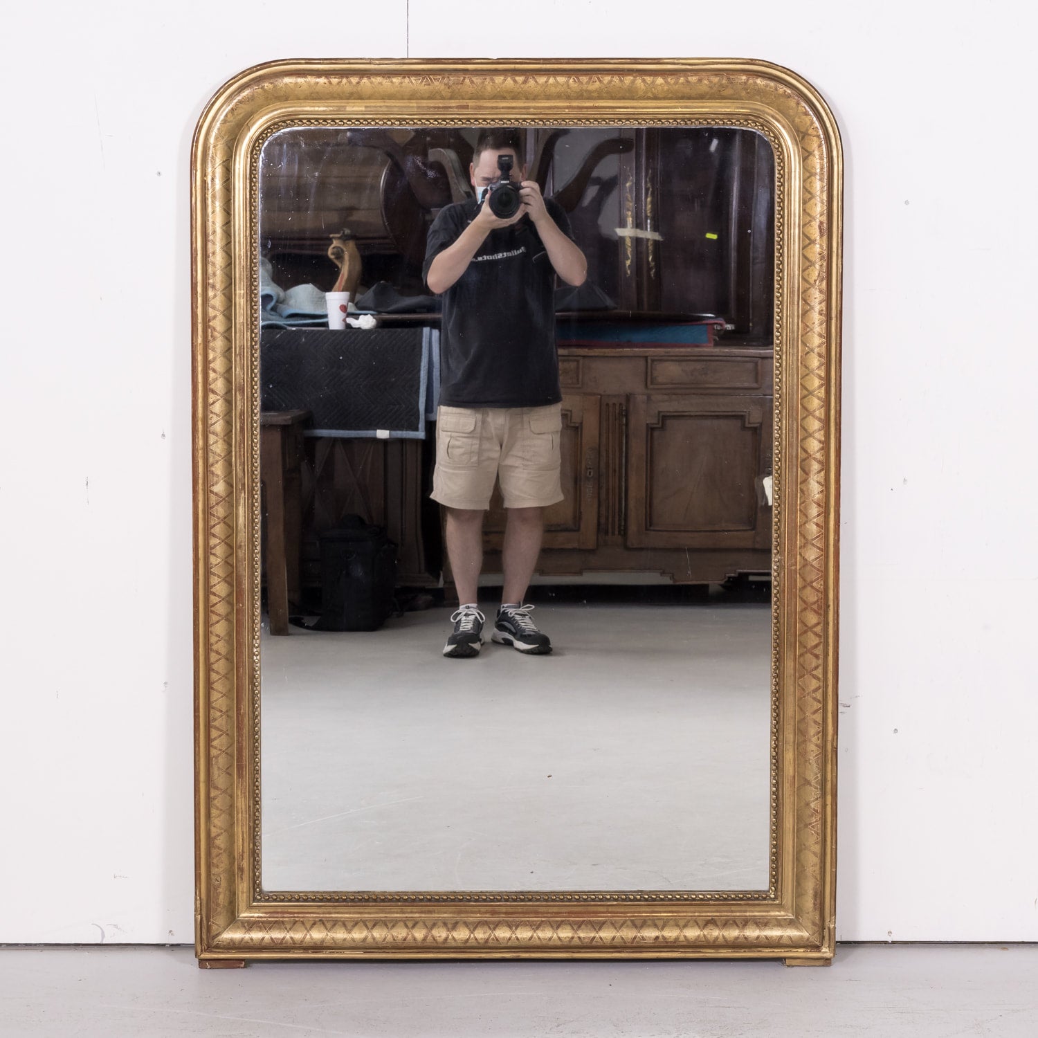 Large 19th Century Louis Philippe Period Giltwood Mirror with Cross Hatch Etching