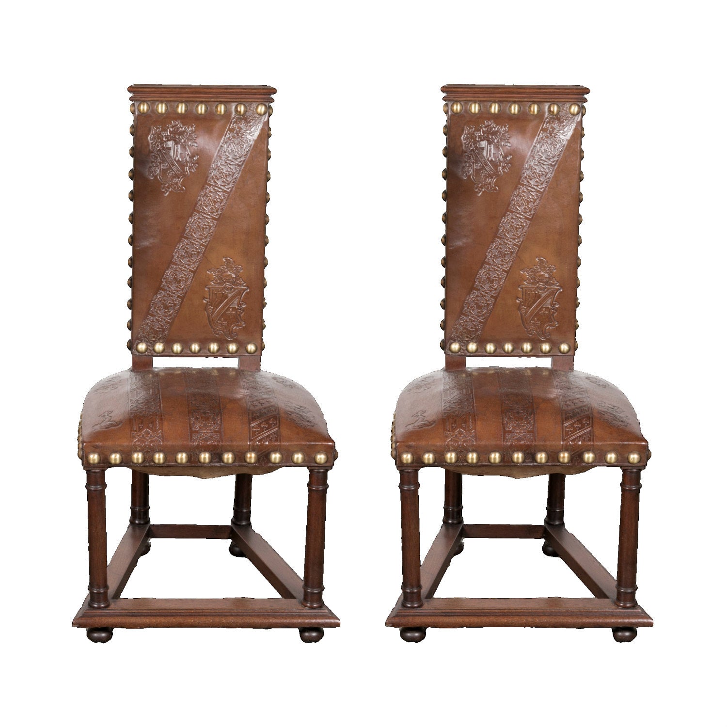 Rare Pair of 19th Century Carved Walnut and Leather Caqueteuse Chairs