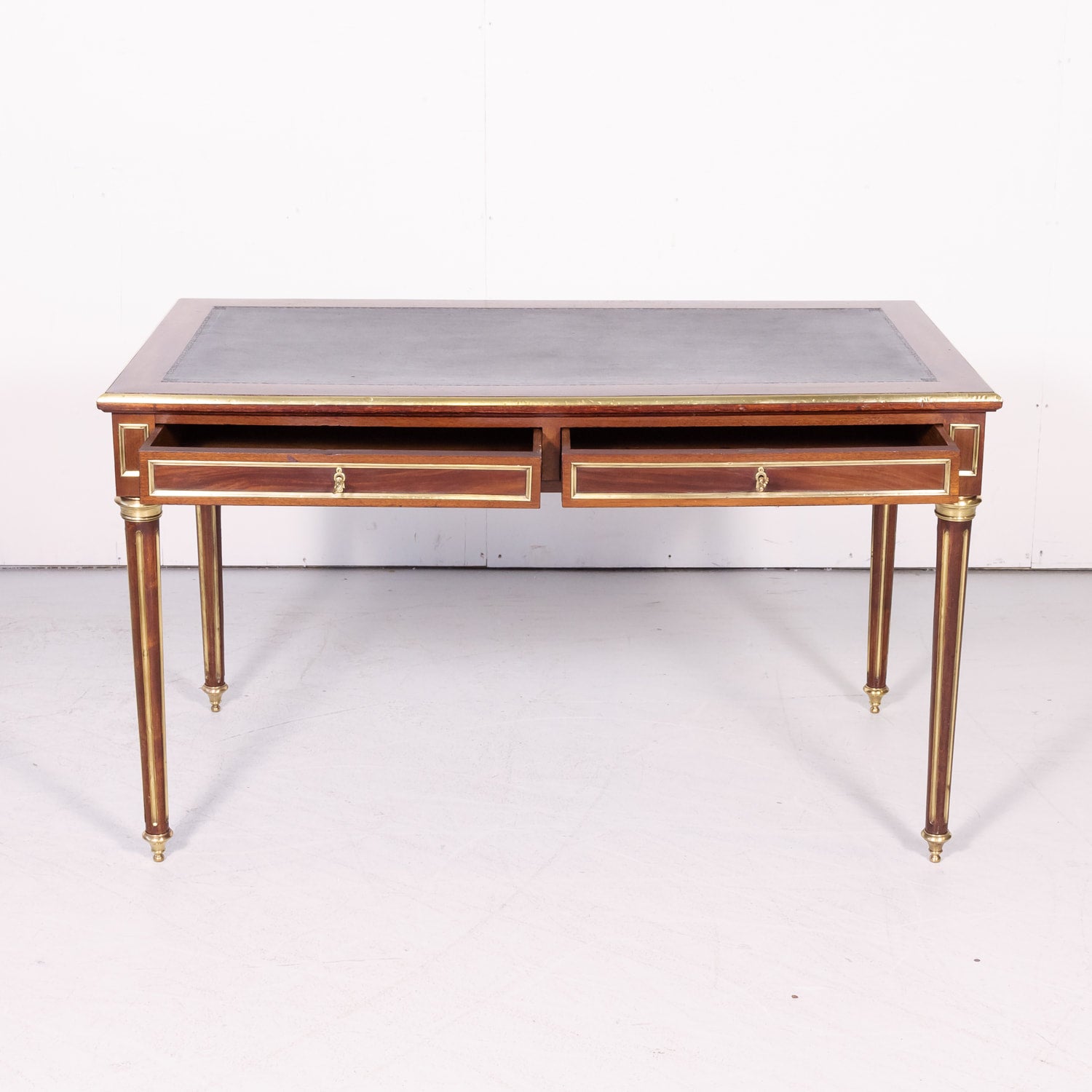 19th Century French Louis XVI Style Mahogany Bureau Plat or Desk with Tooled Leather Top and Brass Trim