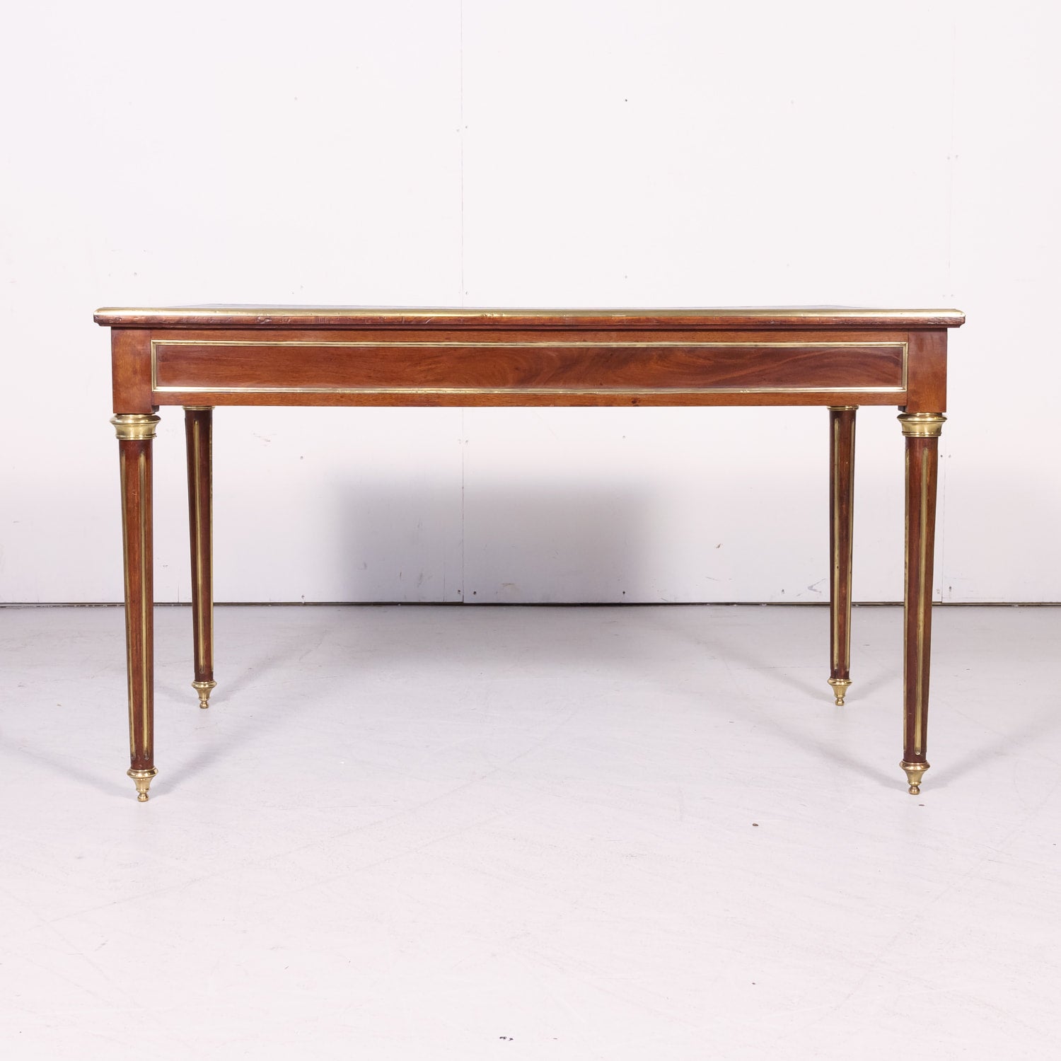 19th Century French Louis XVI Style Mahogany Bureau Plat or Desk with Tooled Leather Top and Brass Trim