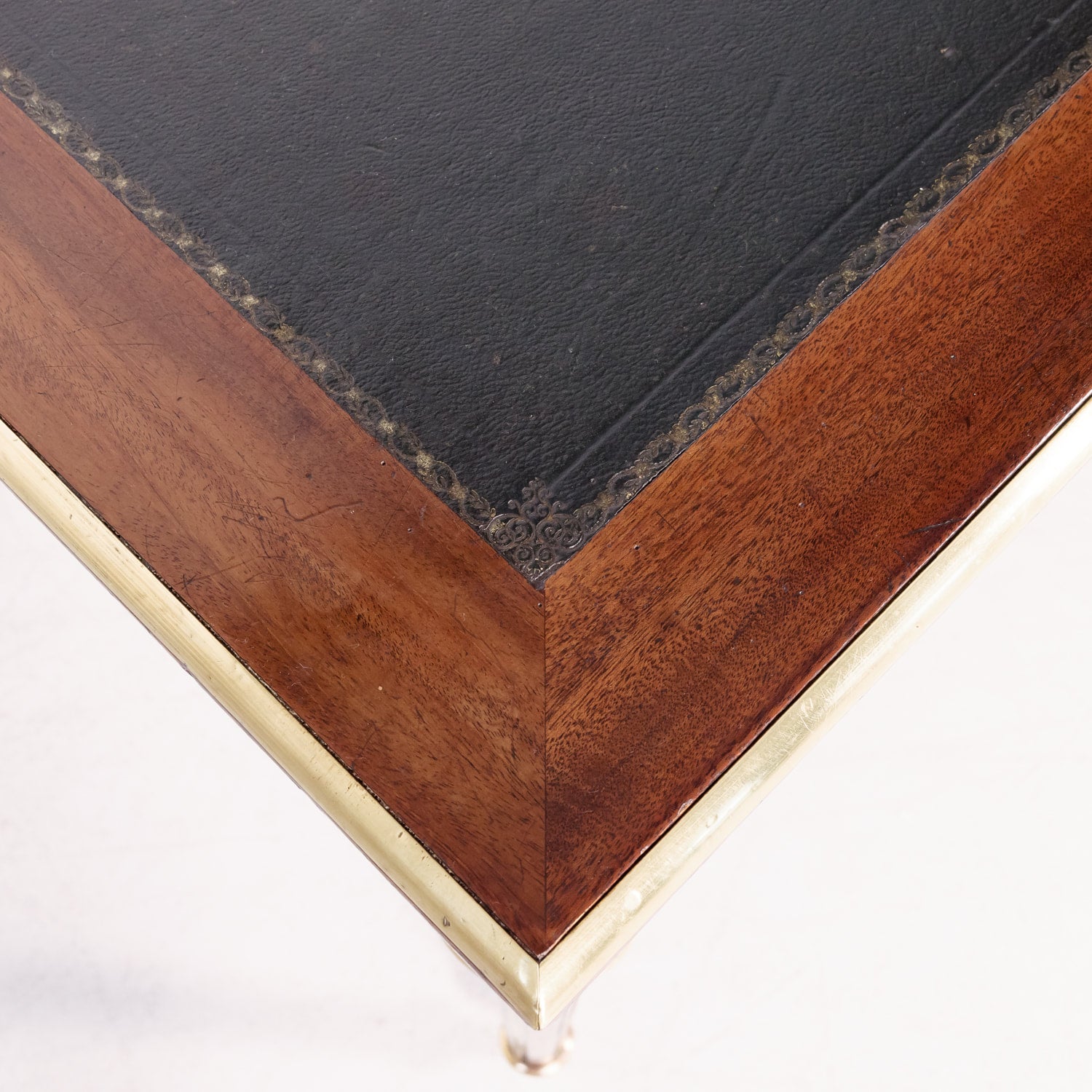 19th Century French Louis XVI Style Mahogany Bureau Plat or Desk with Tooled Leather Top and Brass Trim