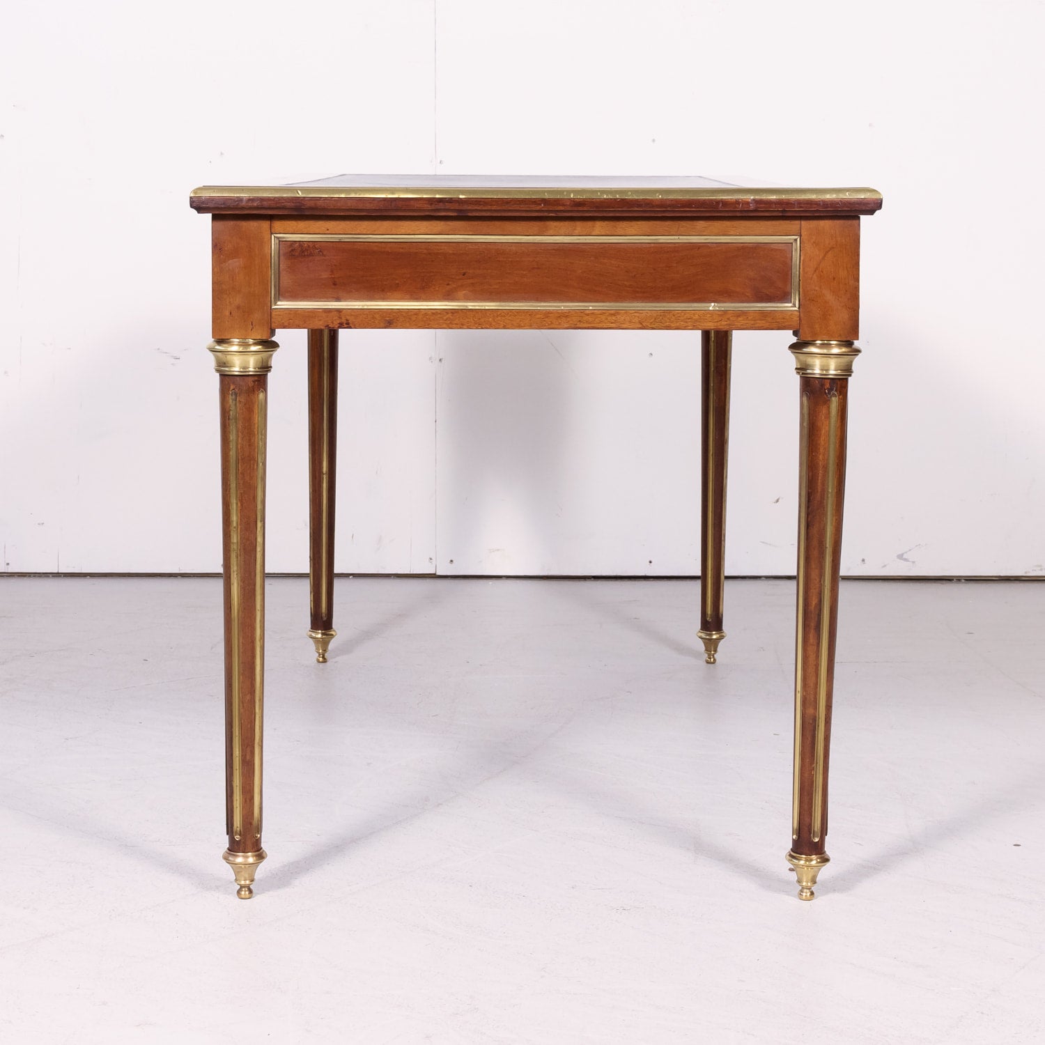19th Century French Louis XVI Style Mahogany Bureau Plat or Desk with Tooled Leather Top and Brass Trim
