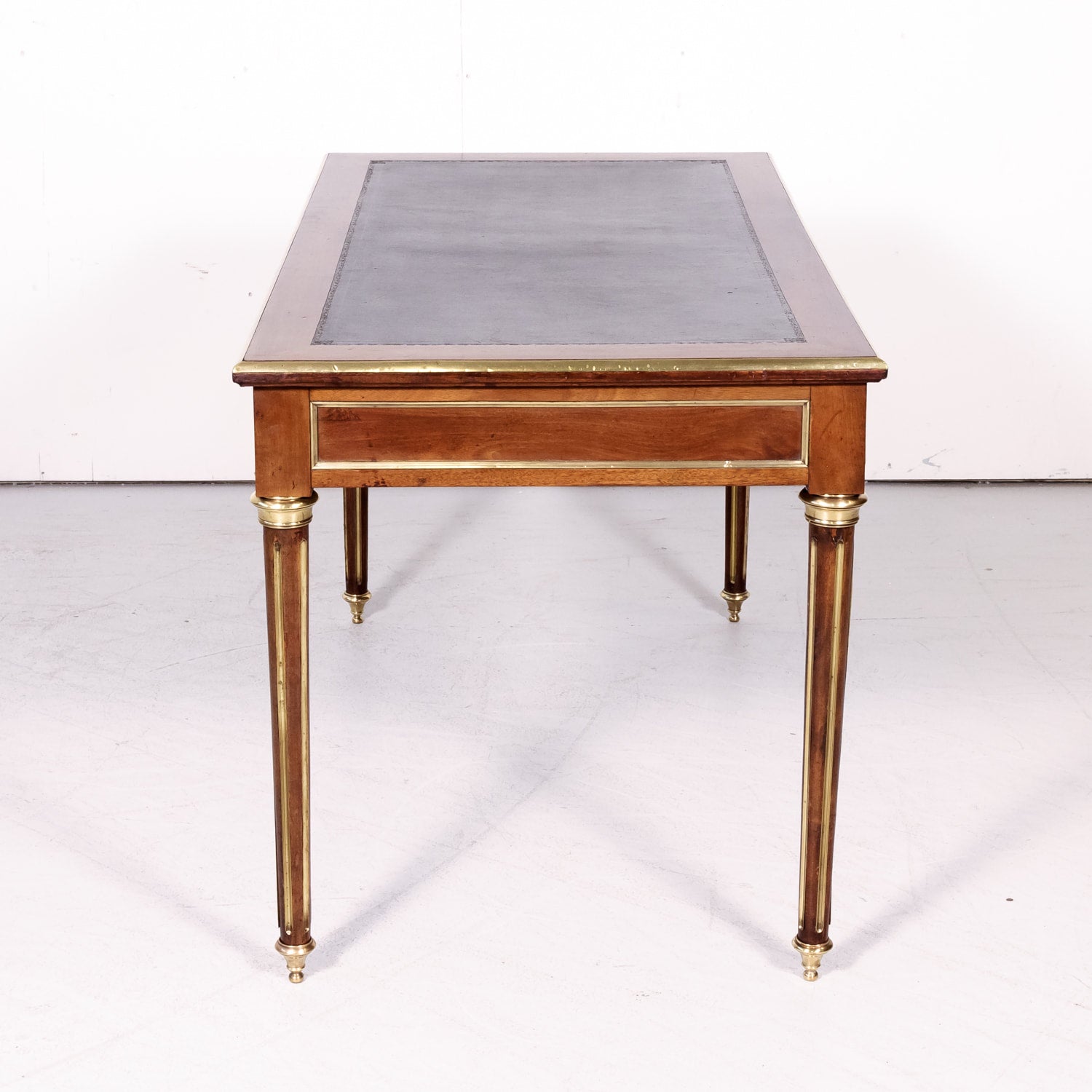 19th Century French Louis XVI Style Mahogany Bureau Plat or Desk with Tooled Leather Top and Brass Trim