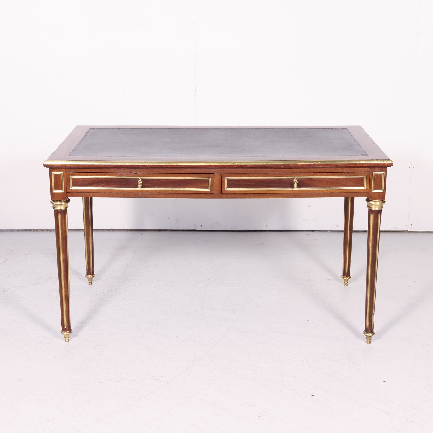19th Century French Louis XVI Style Mahogany Bureau Plat or Desk with Tooled Leather Top and Brass Trim
